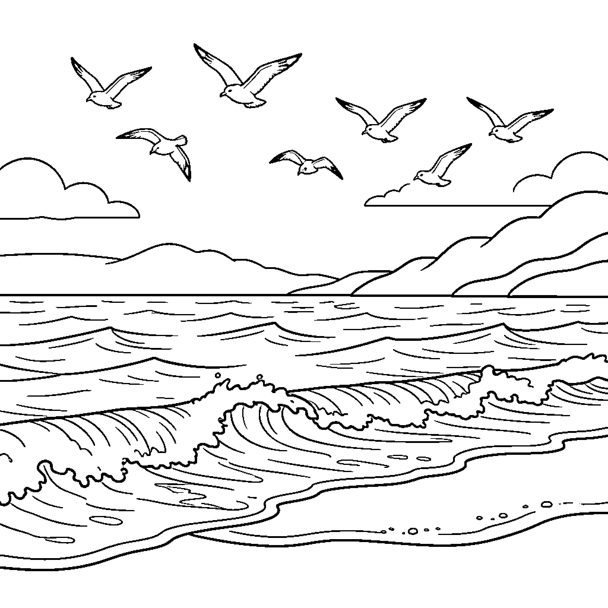 Marine Landscape with birds flying over ocean waves Coloring Page (free black-and-white line drawing printable PDF for all, from beginners to advanced learners, including children, teens, adults, and seniors)