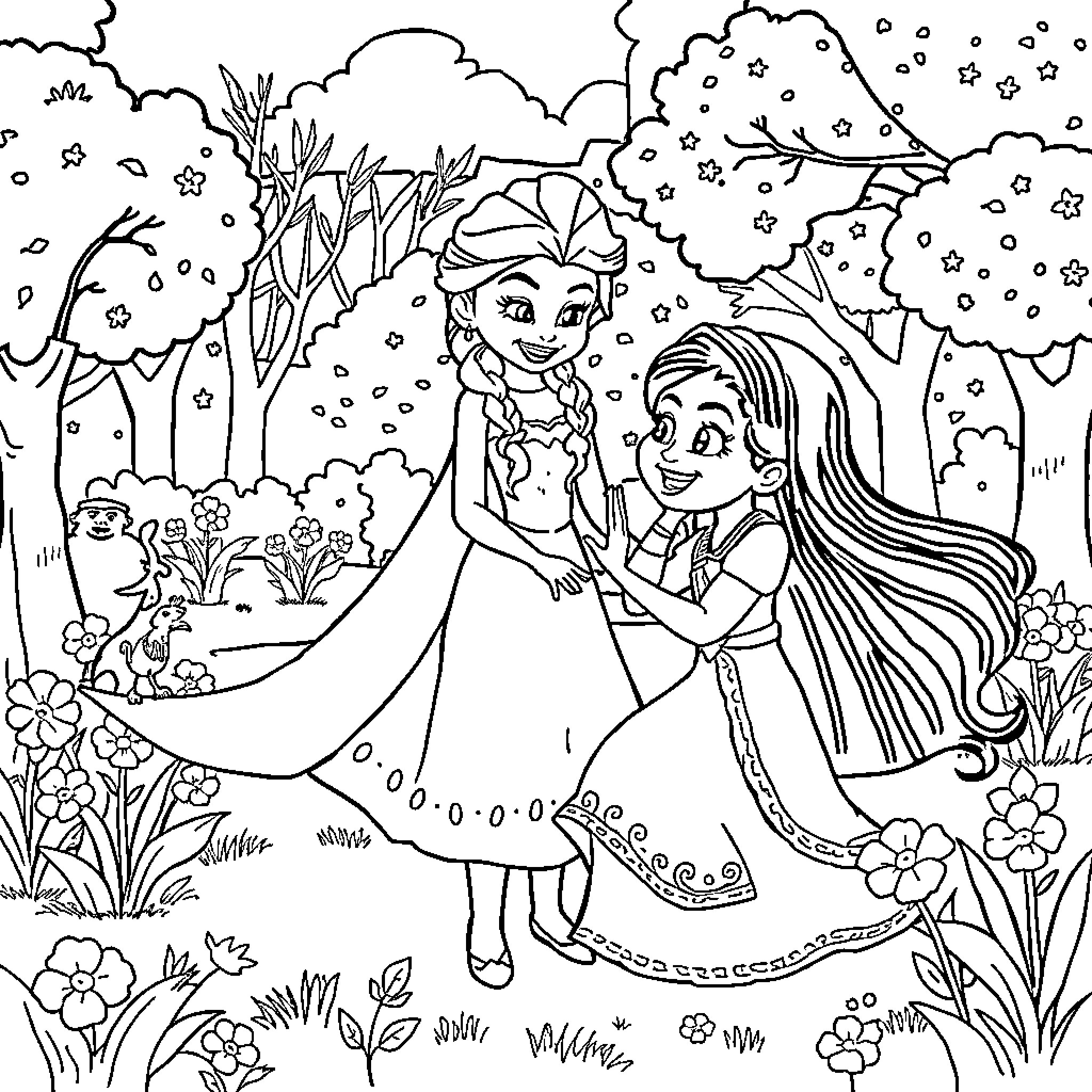 Elsa and Anna playing in a Floral Wonderland Coloring Page (free black-and-white line drawing printable PDF for all, from beginners to advanced learners, including children, teens, adults, and seniors)