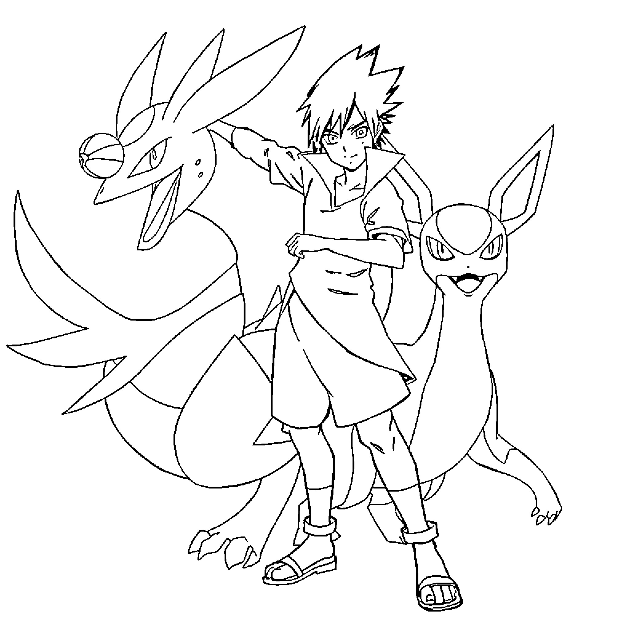 Sasuke with Mythical Creatures Coloring Page (free black-and-white line drawing printable PDF for all, from beginners to advanced learners, including children, teens, adults, and seniors)