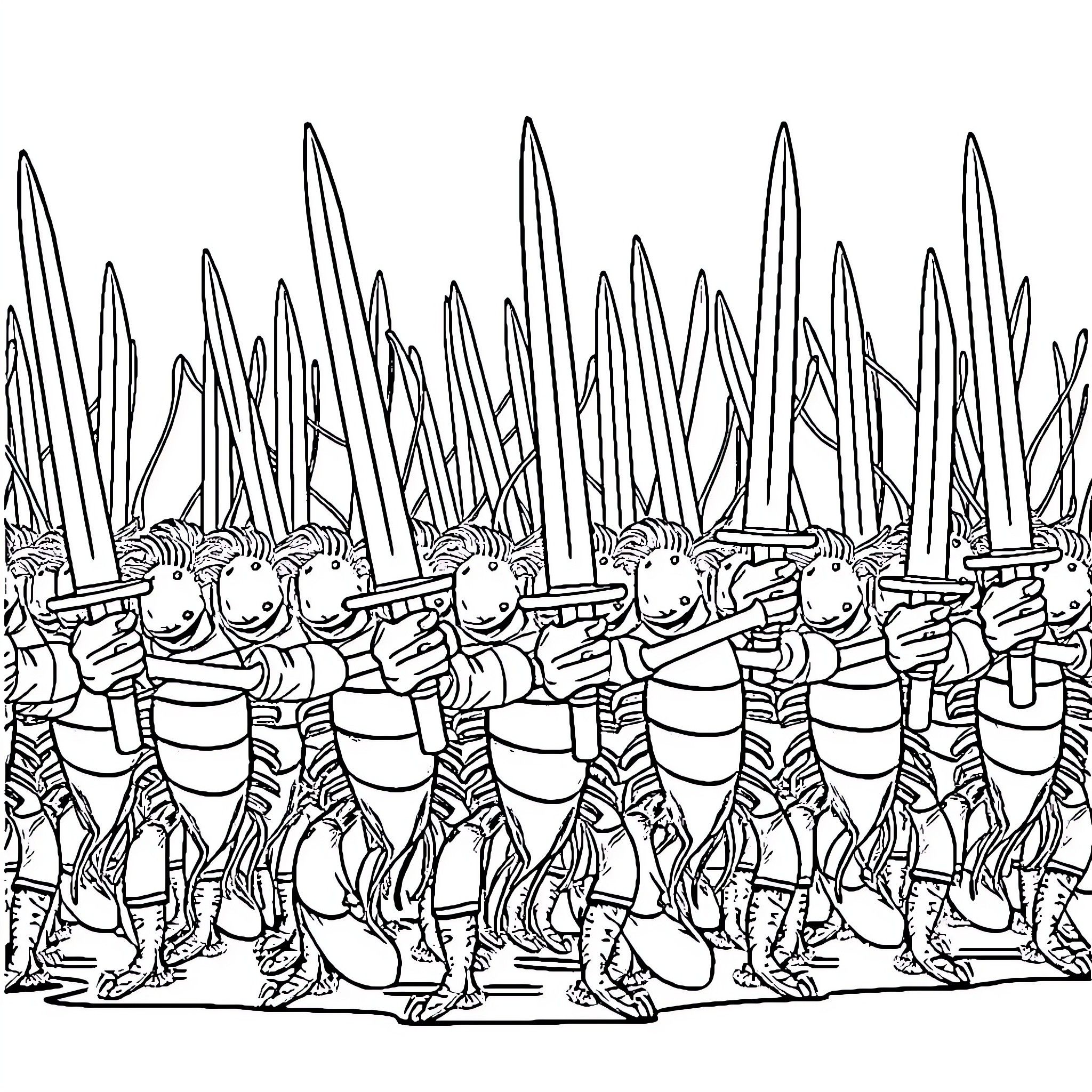 Lobster army on the march Coloring Page (free black-and-white line drawing printable PDF for all, from beginners to advanced learners, including children, teens, adults, and seniors)