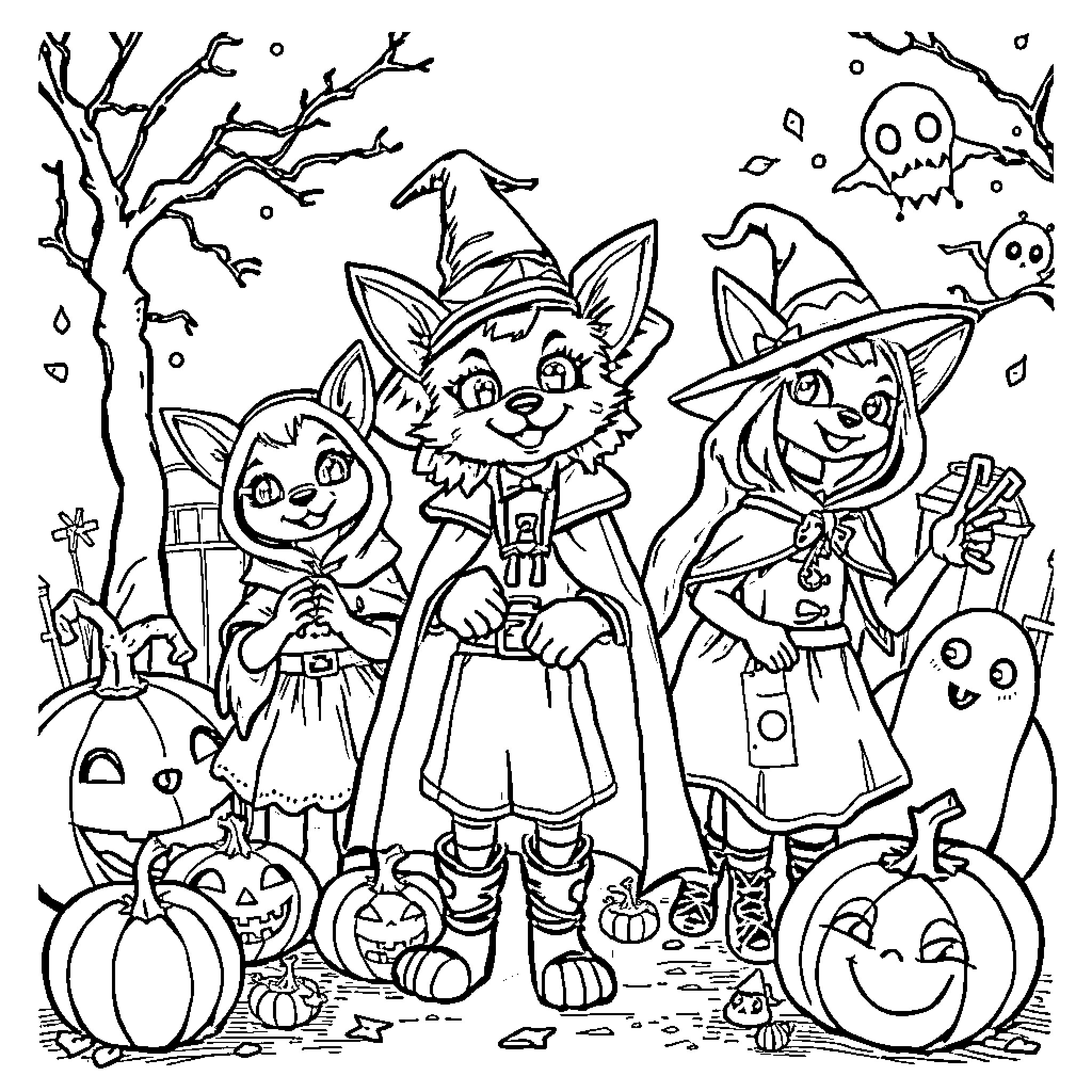 Huntrix Costumed Characters Celebrating Halloween Coloring Page (free black-and-white line drawing printable PDF for all, from beginners to advanced learners, including children, teens, adults, and seniors)