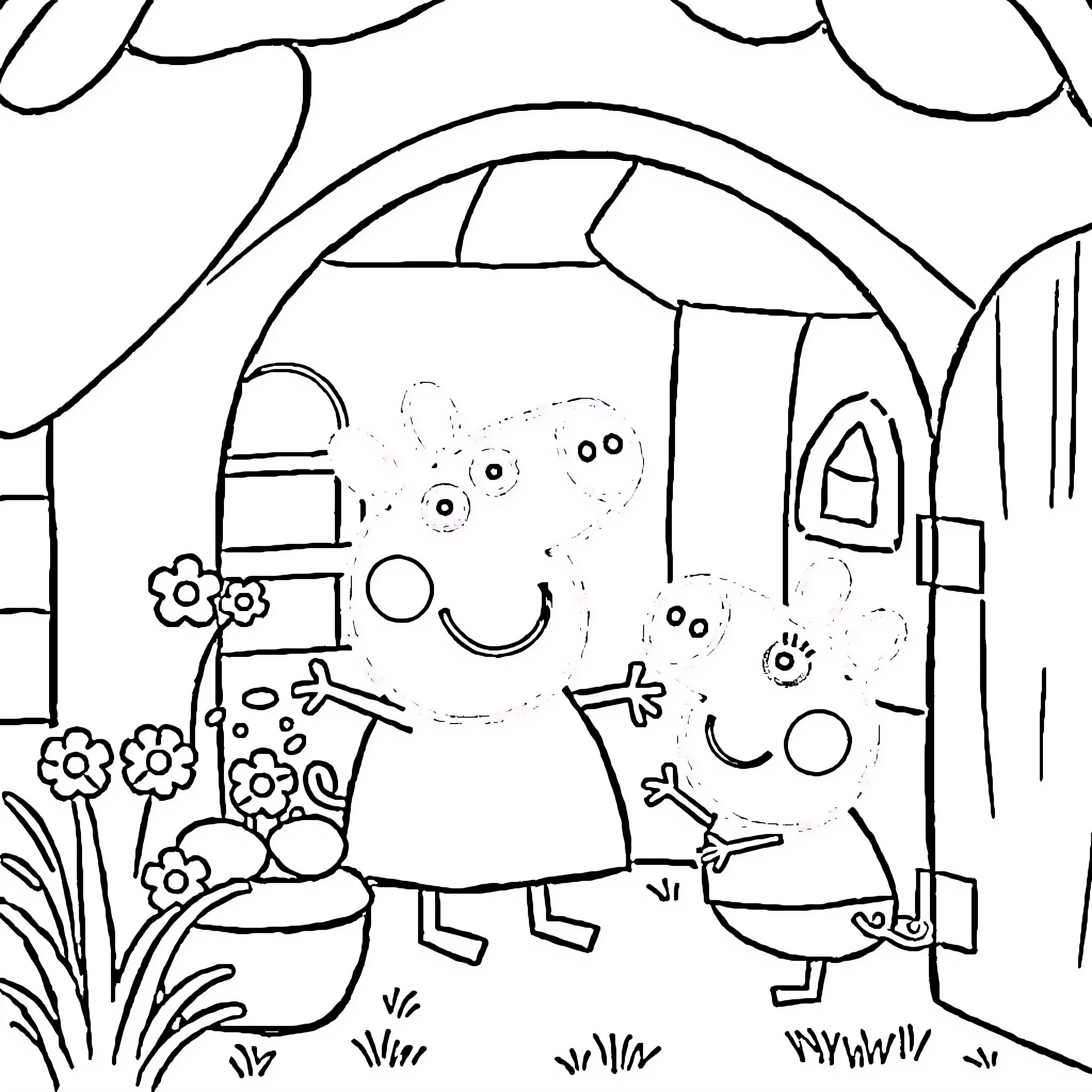 Peppa Pig enjoying a day in the garden Coloring Page (free black-and-white line drawing printable PDF for all, from beginners to advanced learners, including children, teens, adults, and seniors)
