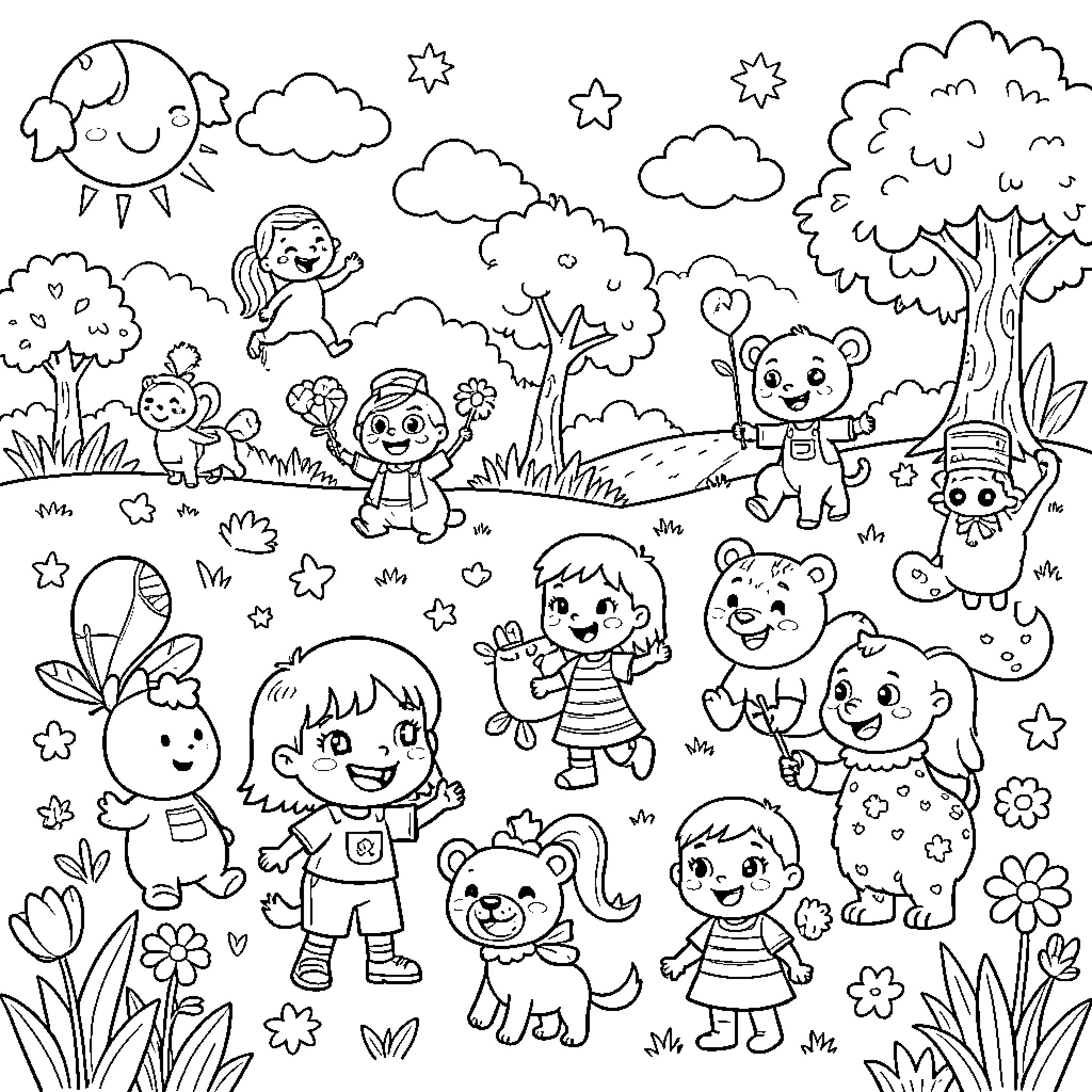 Pictures of happy children and animals playing outdoors Coloring Page (free black-and-white line drawing printable PDF for all, from beginners to advanced learners, including children, teens, adults, and seniors)
