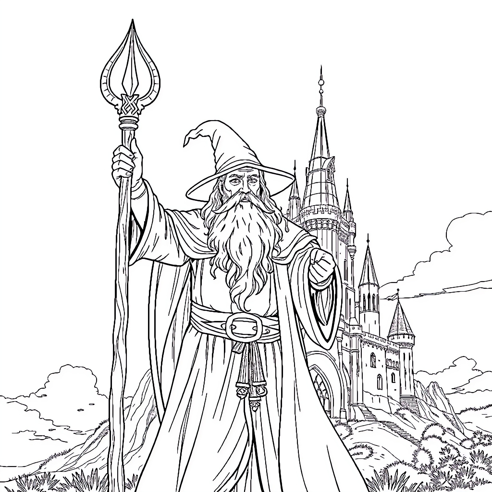 Wizard wielding staff in magical castle landscape Coloring Page (free black-and-white line drawing printable PDF for all, from beginners to advanced learners, including children, teens, adults, and seniors)