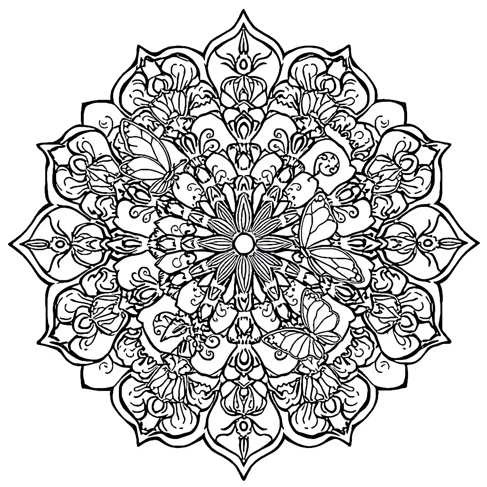 Mandala of intricate floral patterns Coloring Page (free black-and-white line drawing printable PDF for all, from beginners to advanced learners, including children, teens, adults, and seniors)