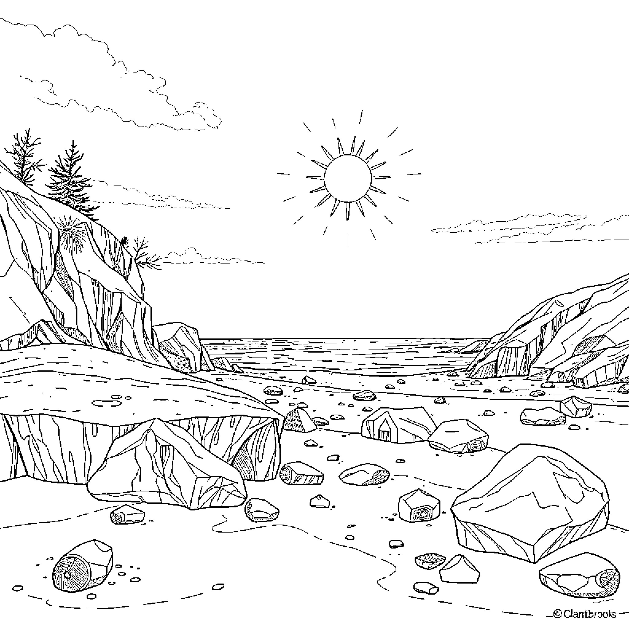 Beach landscape with sun and rocky terrain Coloring Page (free black-and-white line drawing printable PDF for all, from beginners to advanced learners, including children, teens, adults, and seniors)