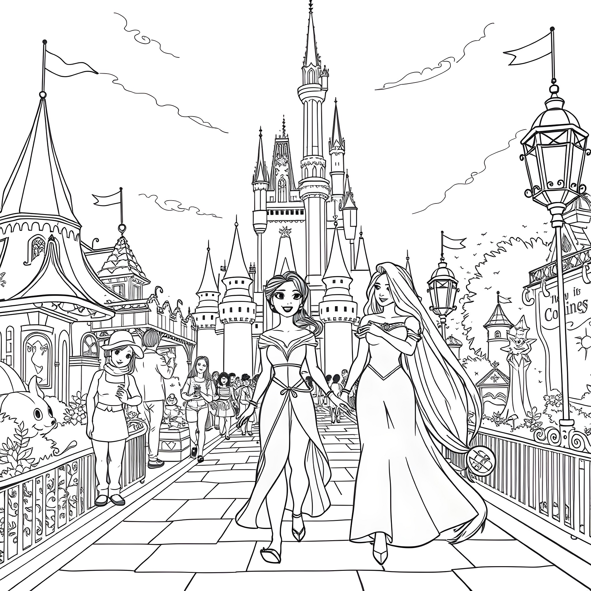 Tiana's magical journey through the enchanted kingdom Coloring Page (free black-and-white line drawing printable PDF for all, from beginners to advanced learners, including children, teens, adults, and seniors)
