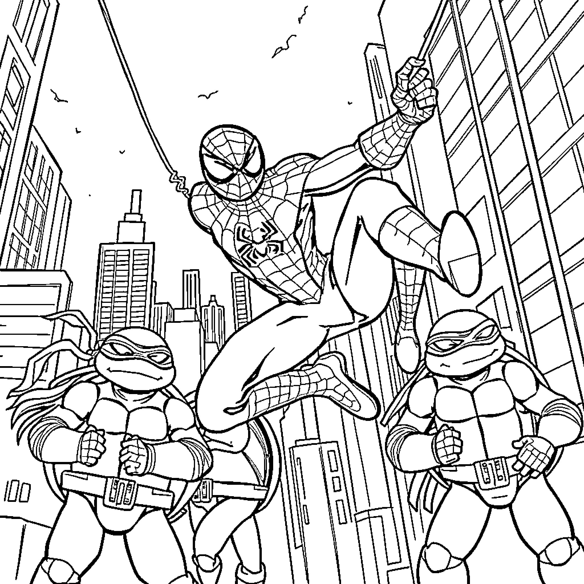 Spidey teams up with Turtles for action-packed adventure Coloring Page (free black-and-white line drawing printable PDF for all, from beginners to advanced learners, including children, teens, adults, and seniors)