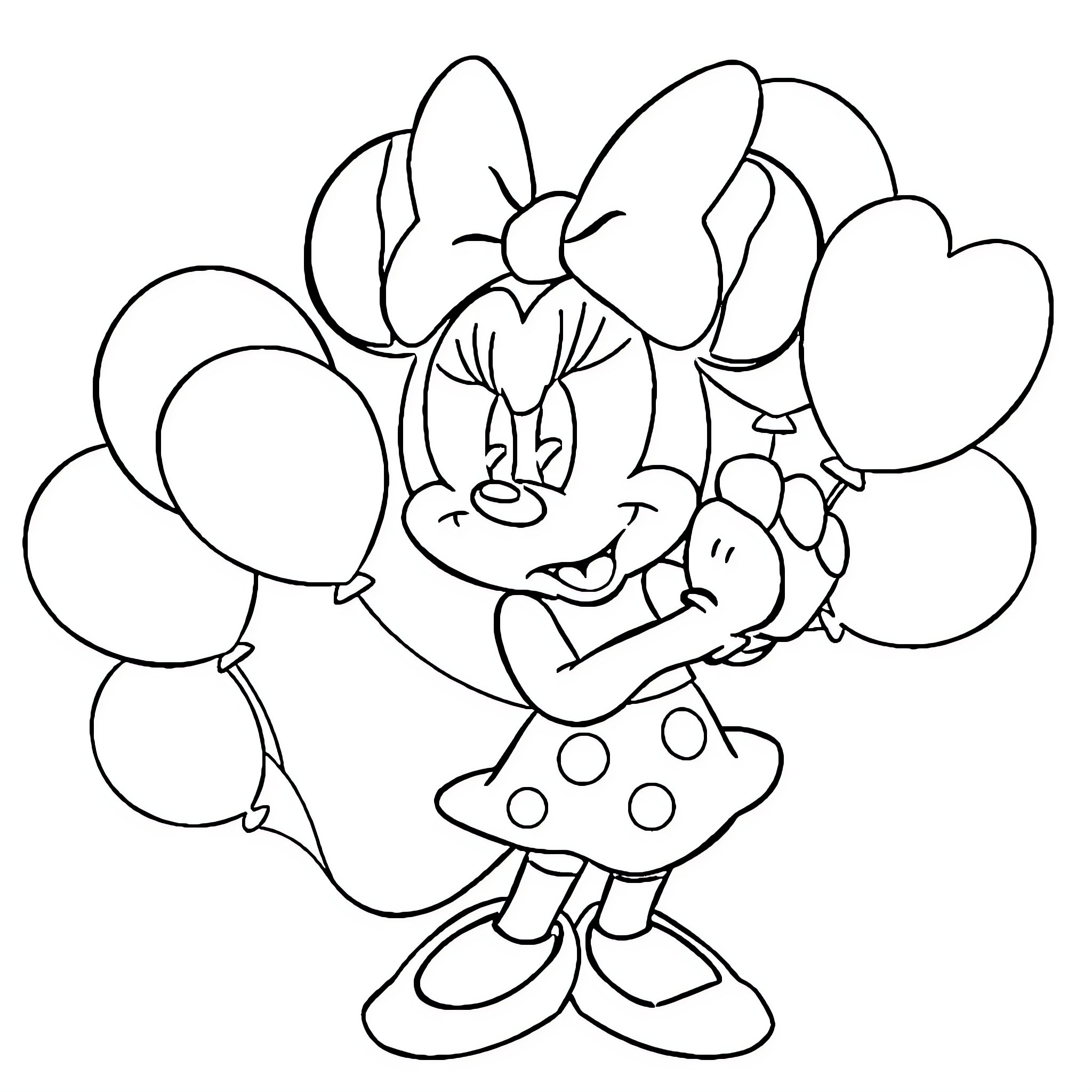 Minnie Mouse surrounded by colorful balloons Coloring Page (free black-and-white line drawing printable PDF for all, from beginners to advanced learners, including children, teens, adults, and seniors)