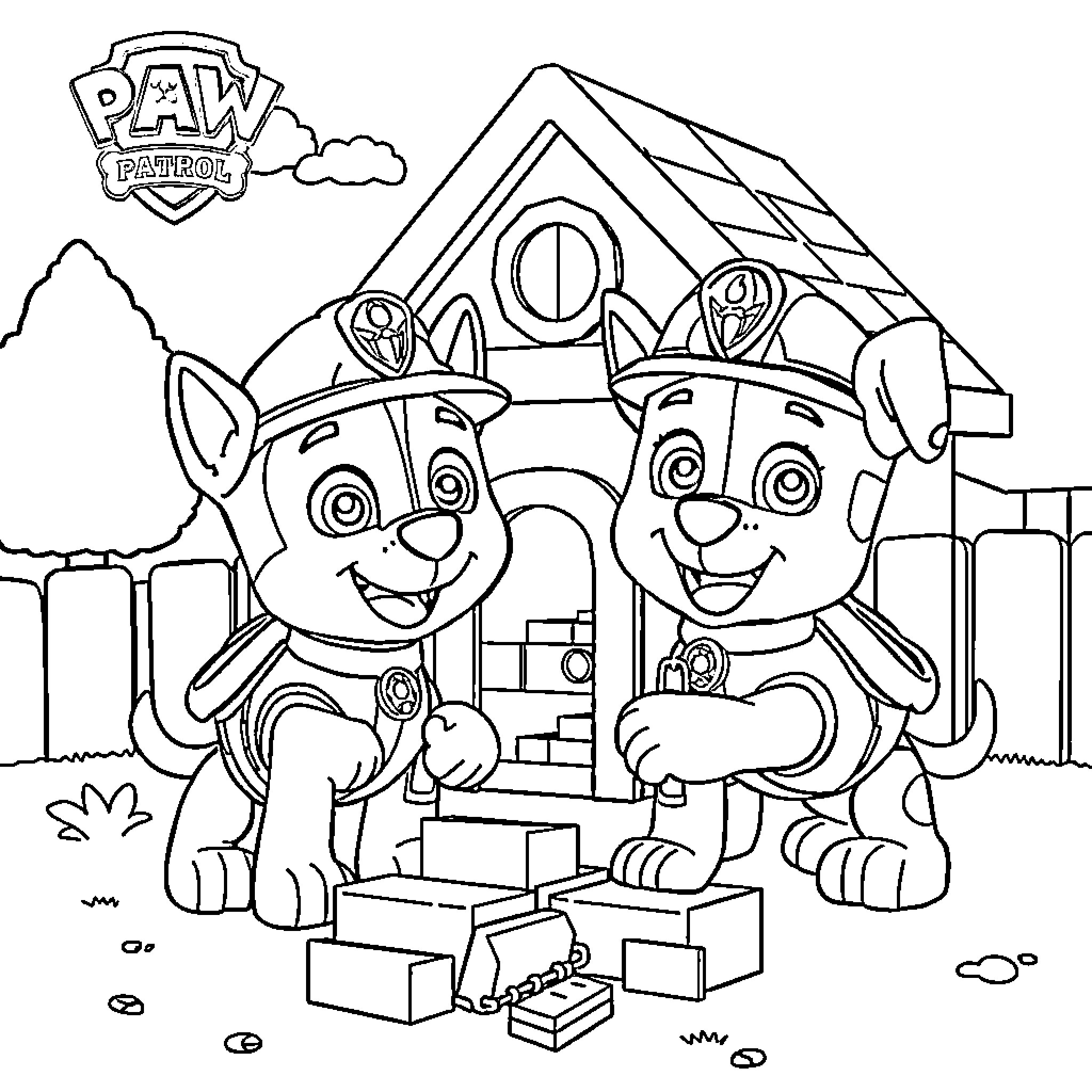 Paw Patrol puppies playing with construction toys Coloring Page (free black-and-white line drawing printable PDF for all, from beginners to advanced learners, including children, teens, adults, and seniors)