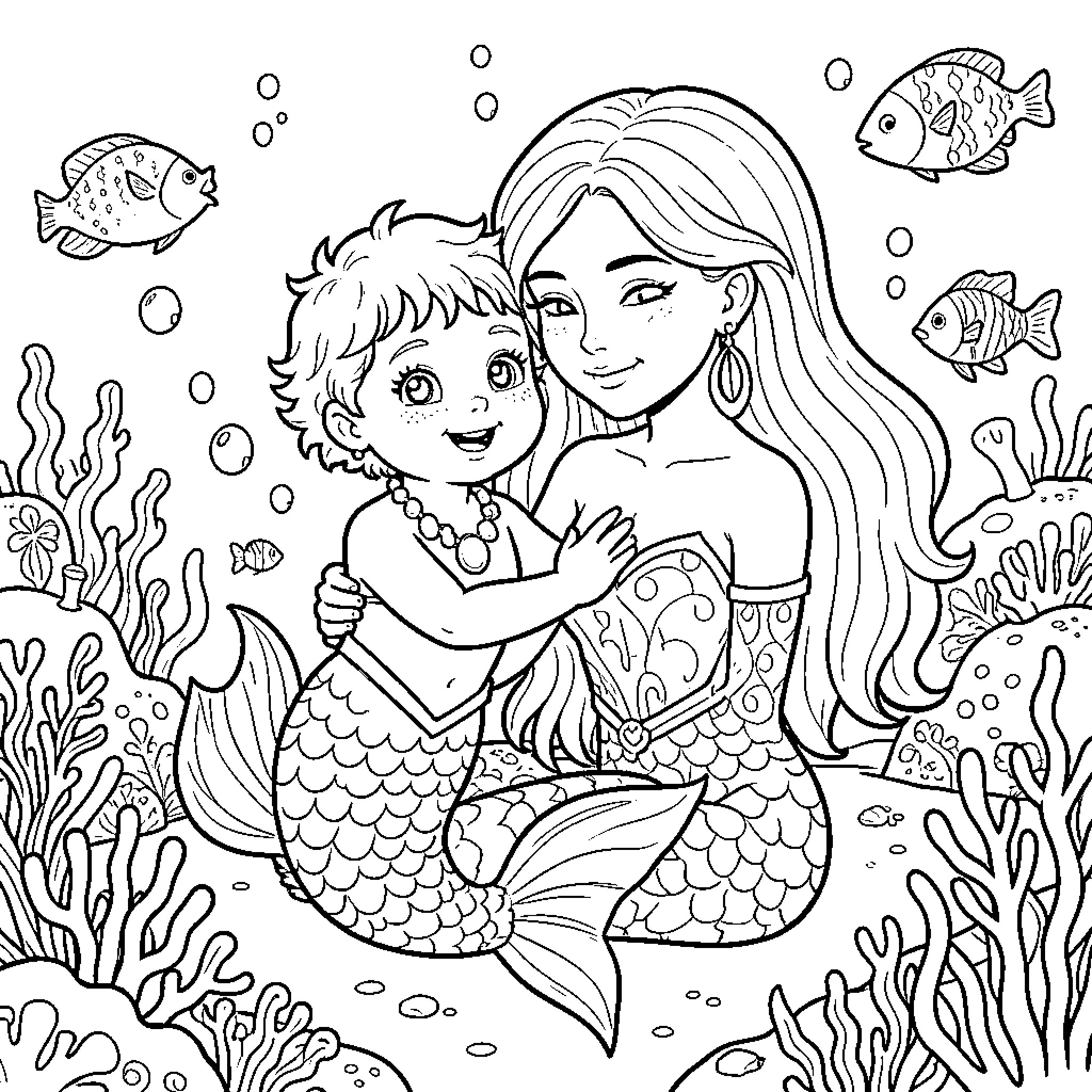 Mermaid mother hugging her young mermaid child in the underwater scene Coloring Page (free black-and-white line drawing printable PDF for all, from beginners to advanced learners, including children, teens, adults, and seniors)
