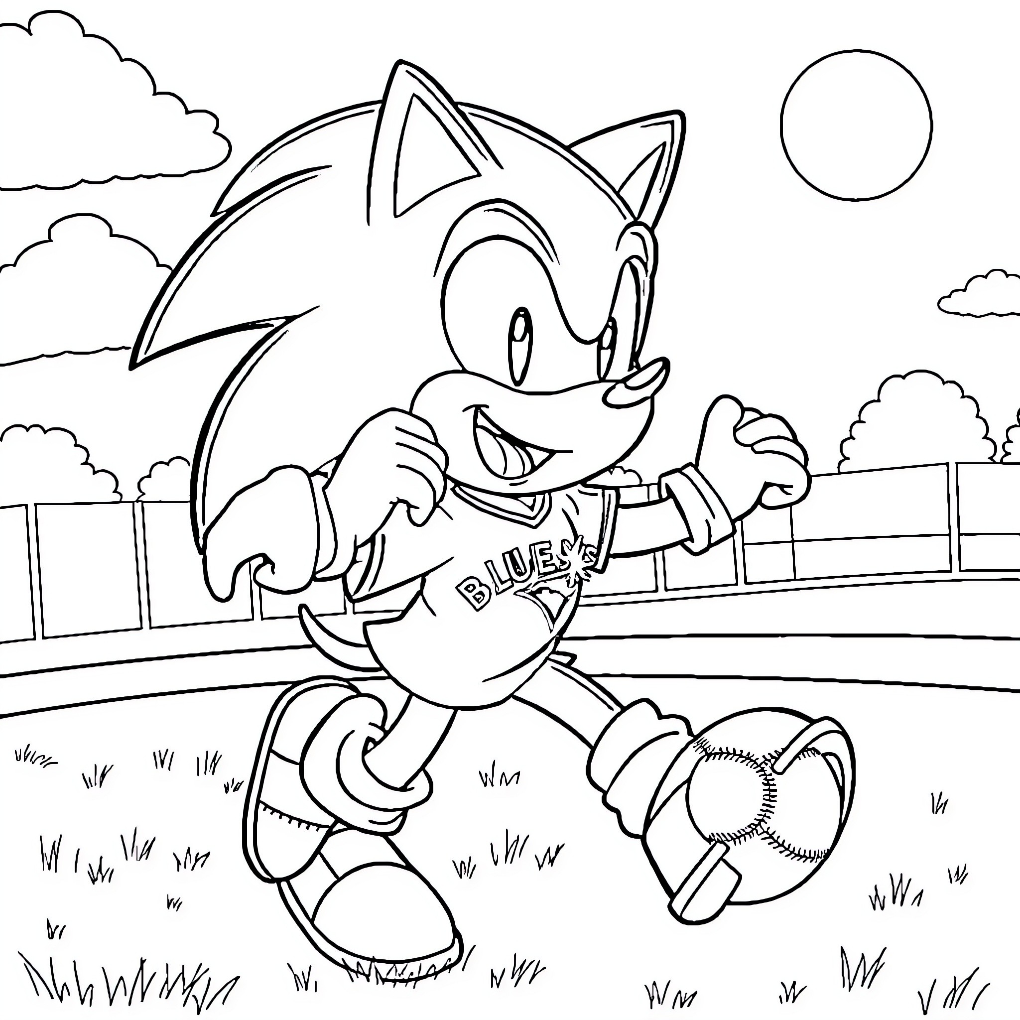 Sonic running enthusiastically on the field Coloring Page (free black-and-white line drawing printable PDF for all, from beginners to advanced learners, including children, teens, adults, and seniors)