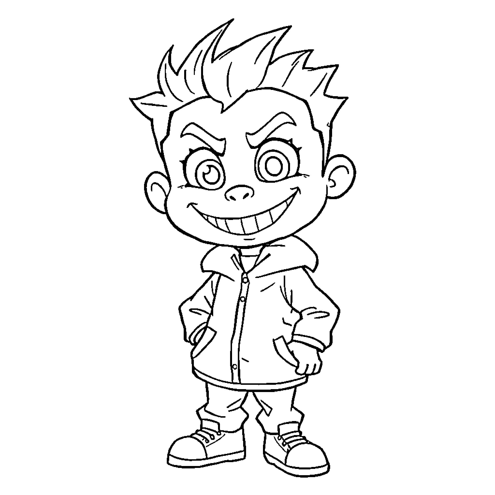 Violator - Mischievous boy in casual outfit Coloring Page (free black-and-white line drawing printable PDF for all, from beginners to advanced learners, including children, teens, adults, and seniors)