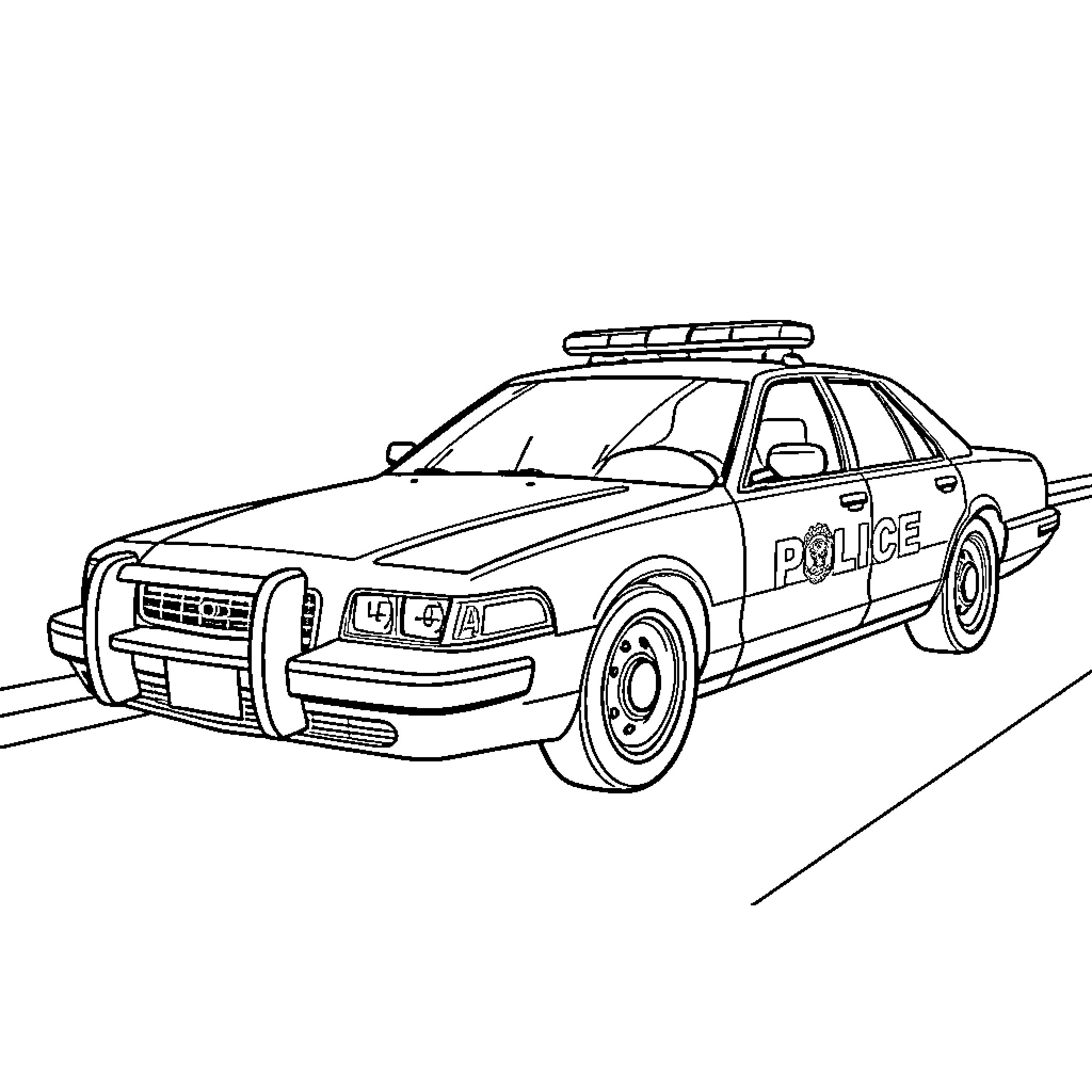 Police Car on Patrol Coloring Page (free black-and-white line drawing printable PDF for all, from beginners to advanced learners, including children, teens, adults, and seniors)