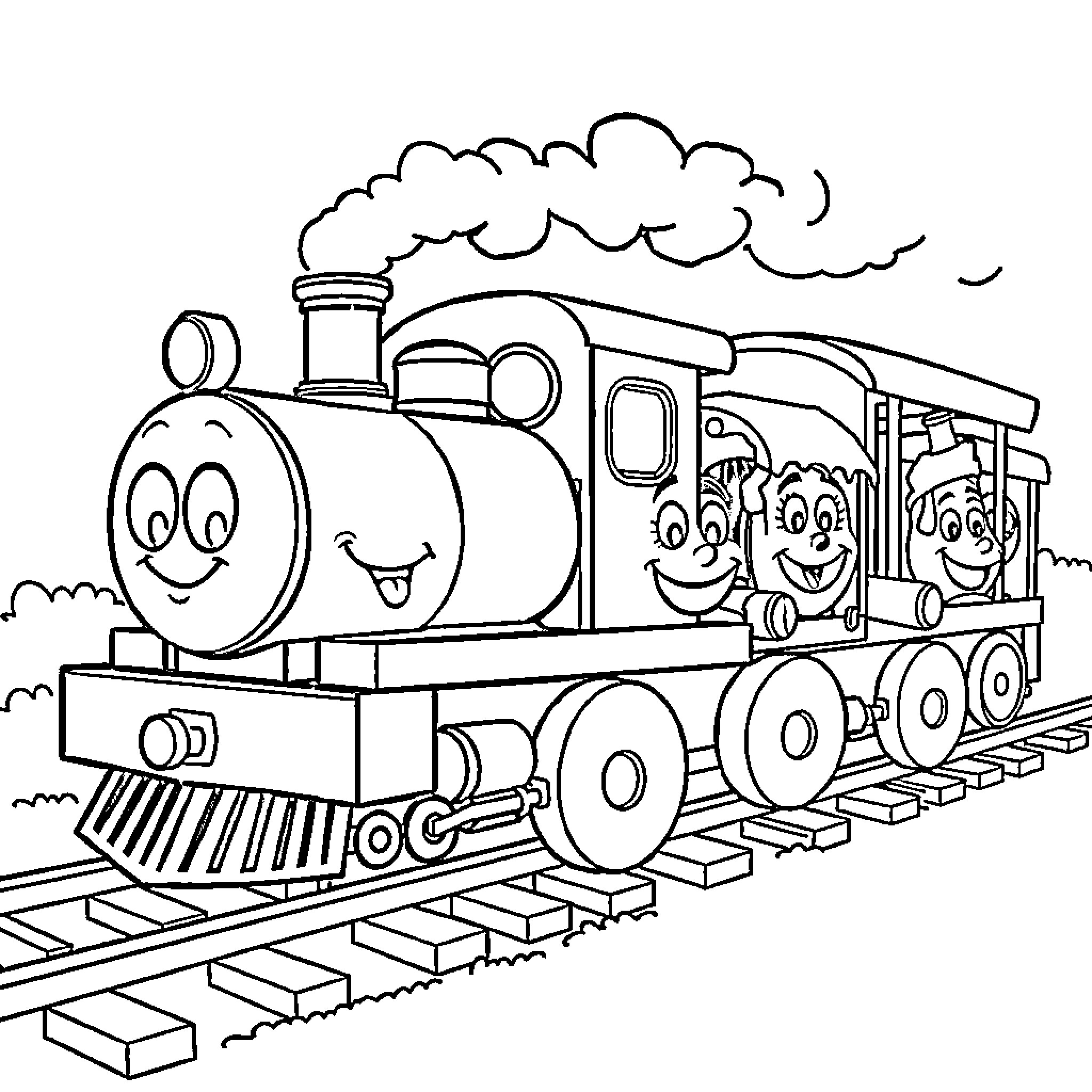 Train with Smiling Characters on Tracks Coloring Page (free black-and-white line drawing printable PDF for all, from beginners to advanced learners, including children, teens, adults, and seniors)