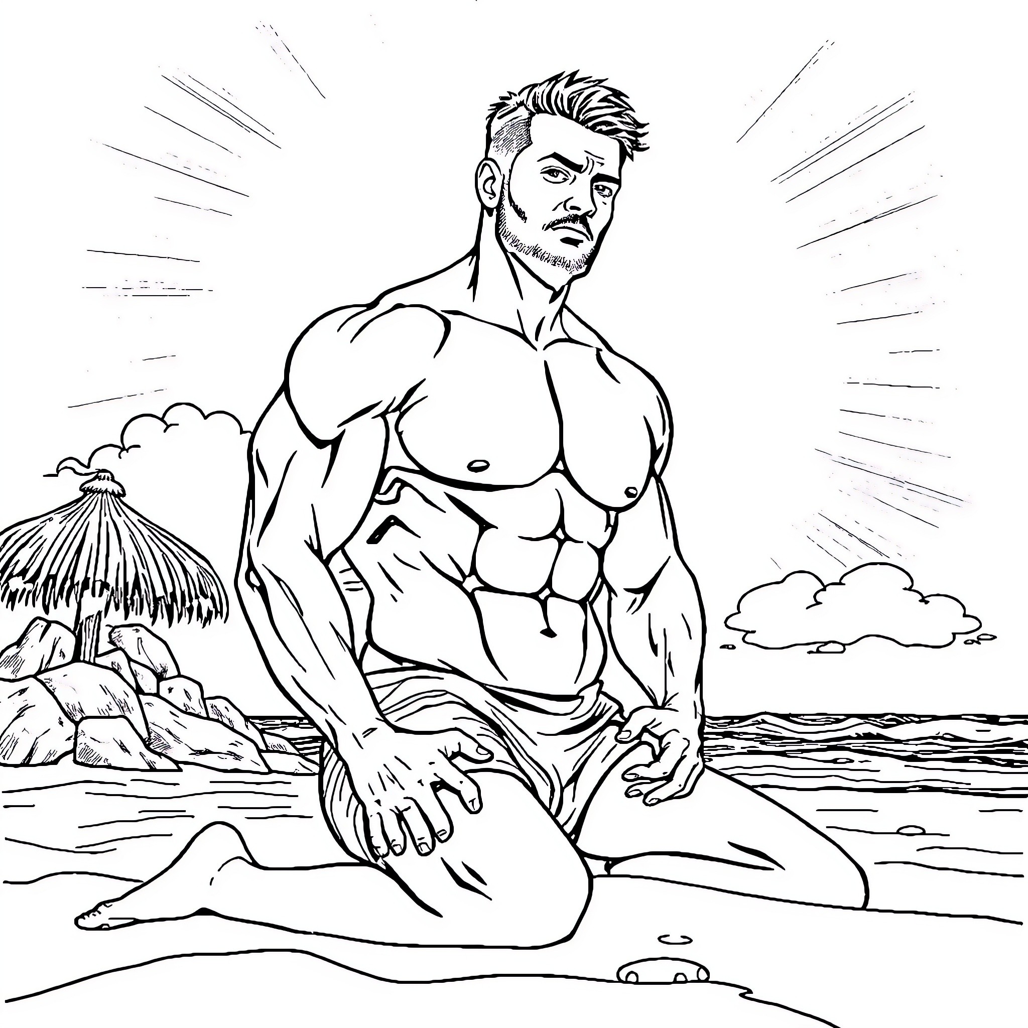 Bodybuilder posing confidently on the beach Coloring Page (free black-and-white line drawing printable PDF for all, from beginners to advanced learners, including children, teens, adults, and seniors)