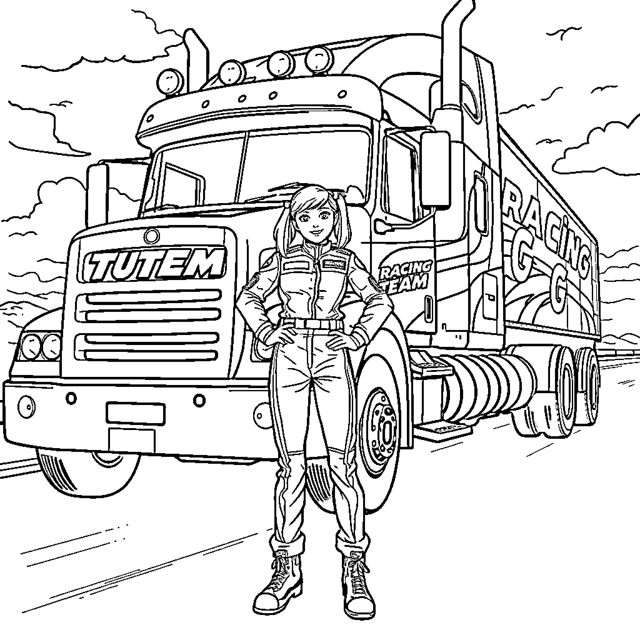 Girl standing next to race car truck Coloring Page (free black-and-white line drawing printable PDF for all, from beginners to advanced learners, including children, teens, adults, and seniors)
