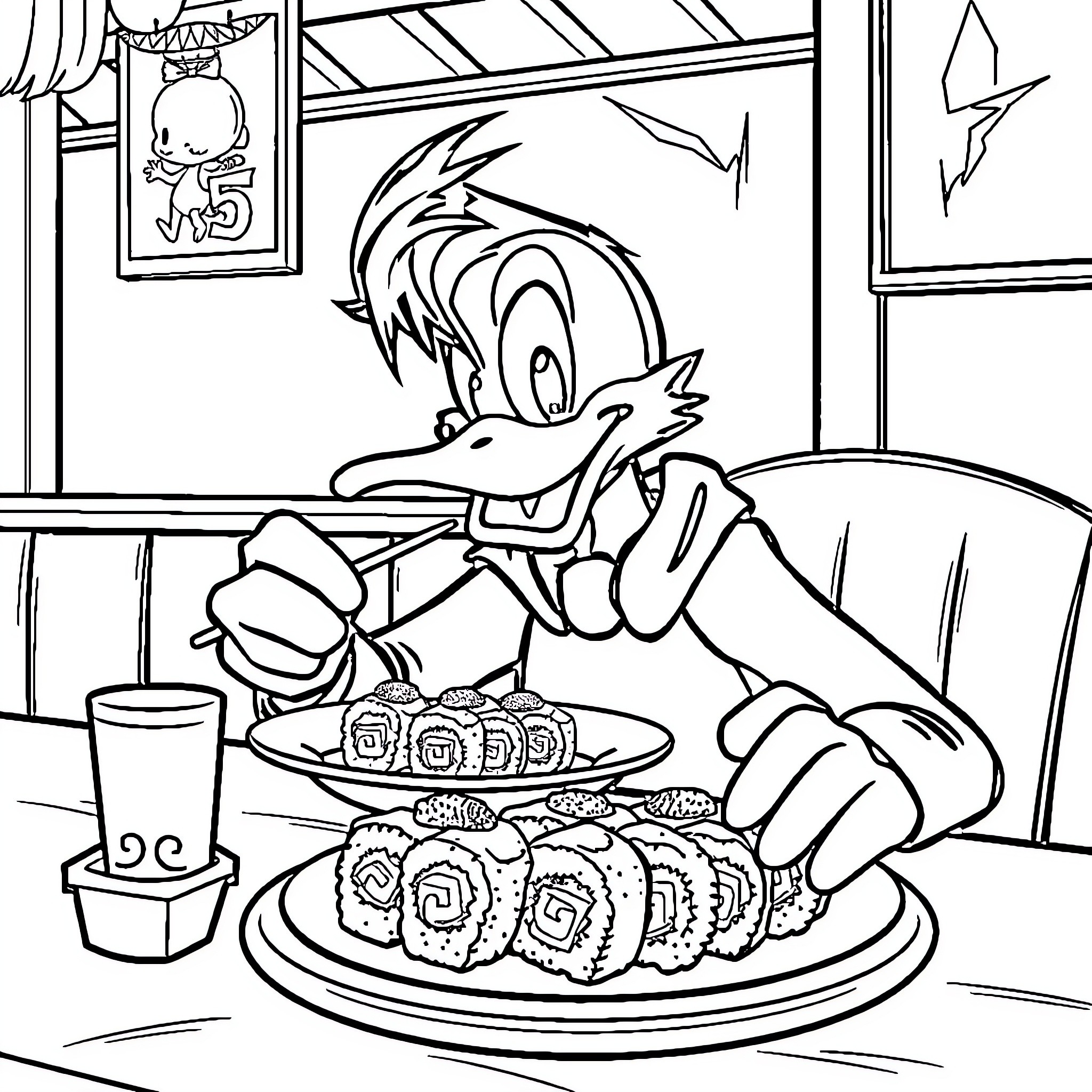 Duck devouring sushi in a cozy restaurant Coloring Page (free black-and-white line drawing printable PDF for all, from beginners to advanced learners, including children, teens, adults, and seniors)