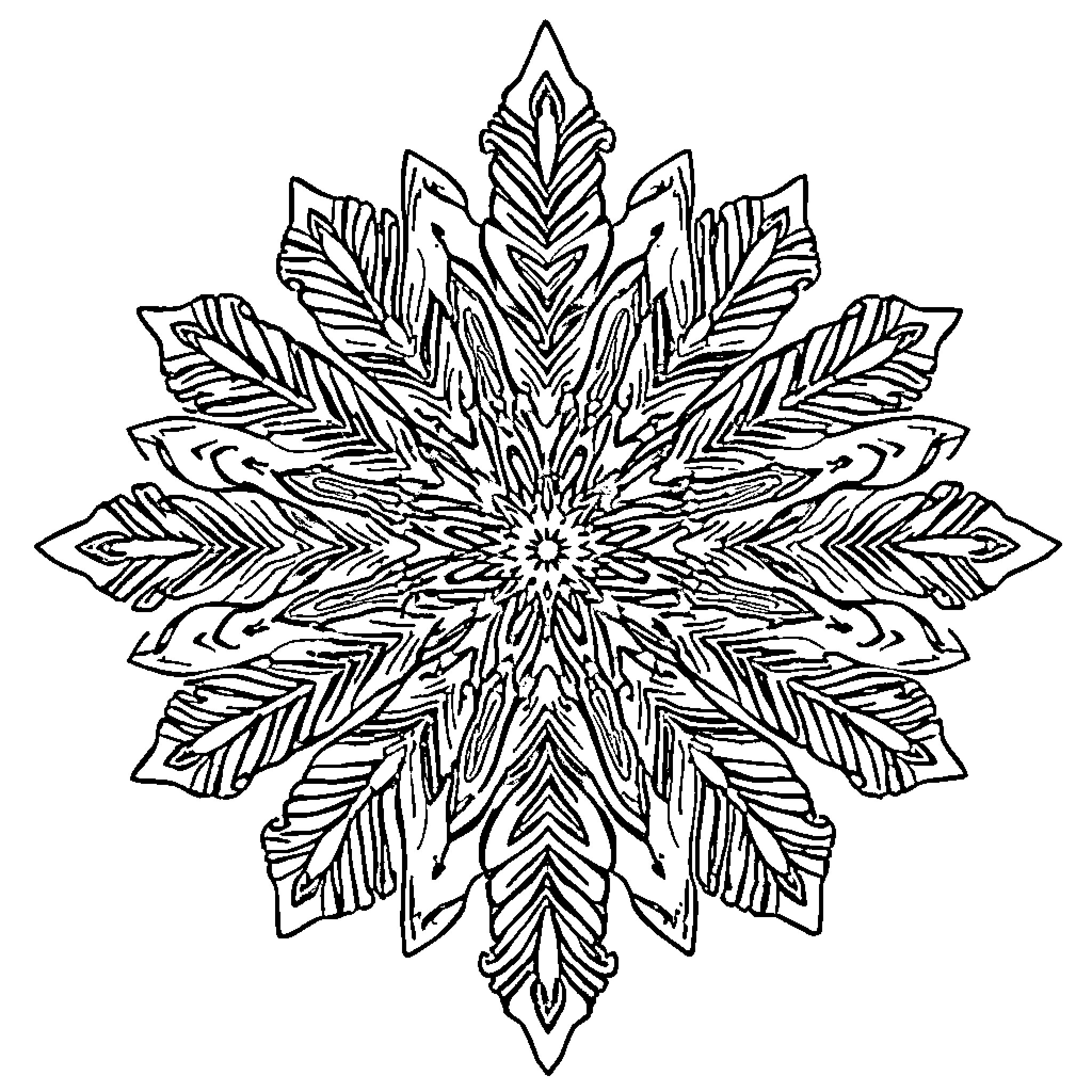 Snowflake with intricate leaf-like patterns Coloring Page (free black-and-white line drawing printable PDF for all, from beginners to advanced learners, including children, teens, adults, and seniors)