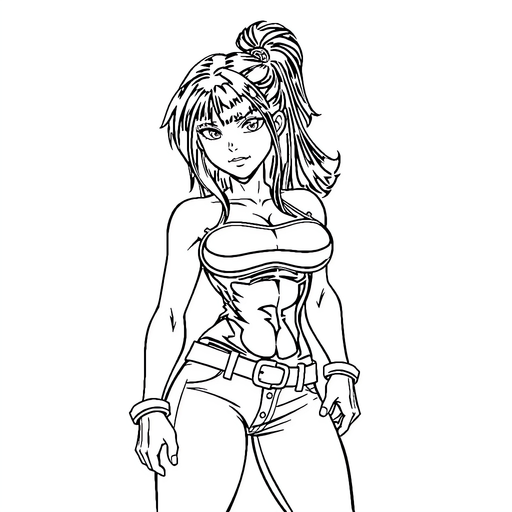 Tifa Lockhart in a confident and action-ready pose Coloring Page (free black-and-white line drawing printable PDF for all, from beginners to advanced learners, including children, teens, adults, and seniors)