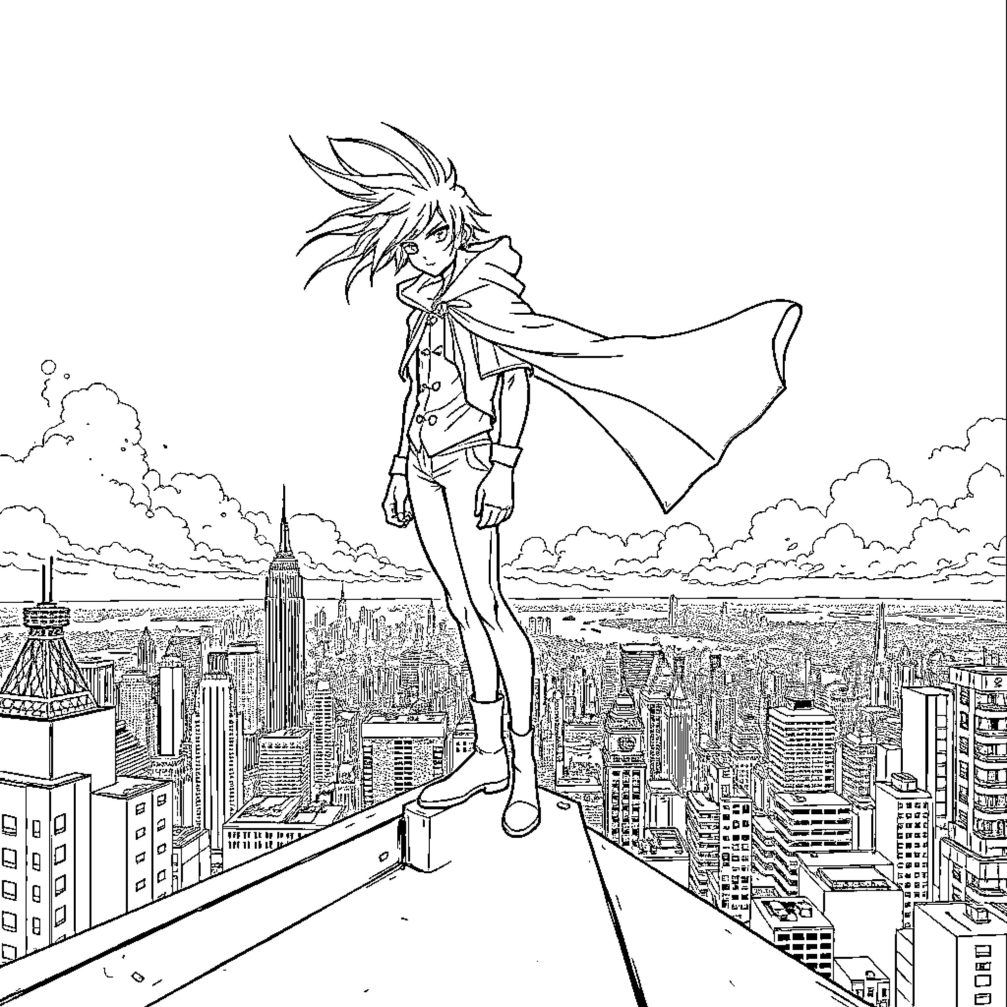 Hero stands heroically overlooking the city Coloring Page (free black-and-white line drawing printable PDF for all, from beginners to advanced learners, including children, teens, adults, and seniors)