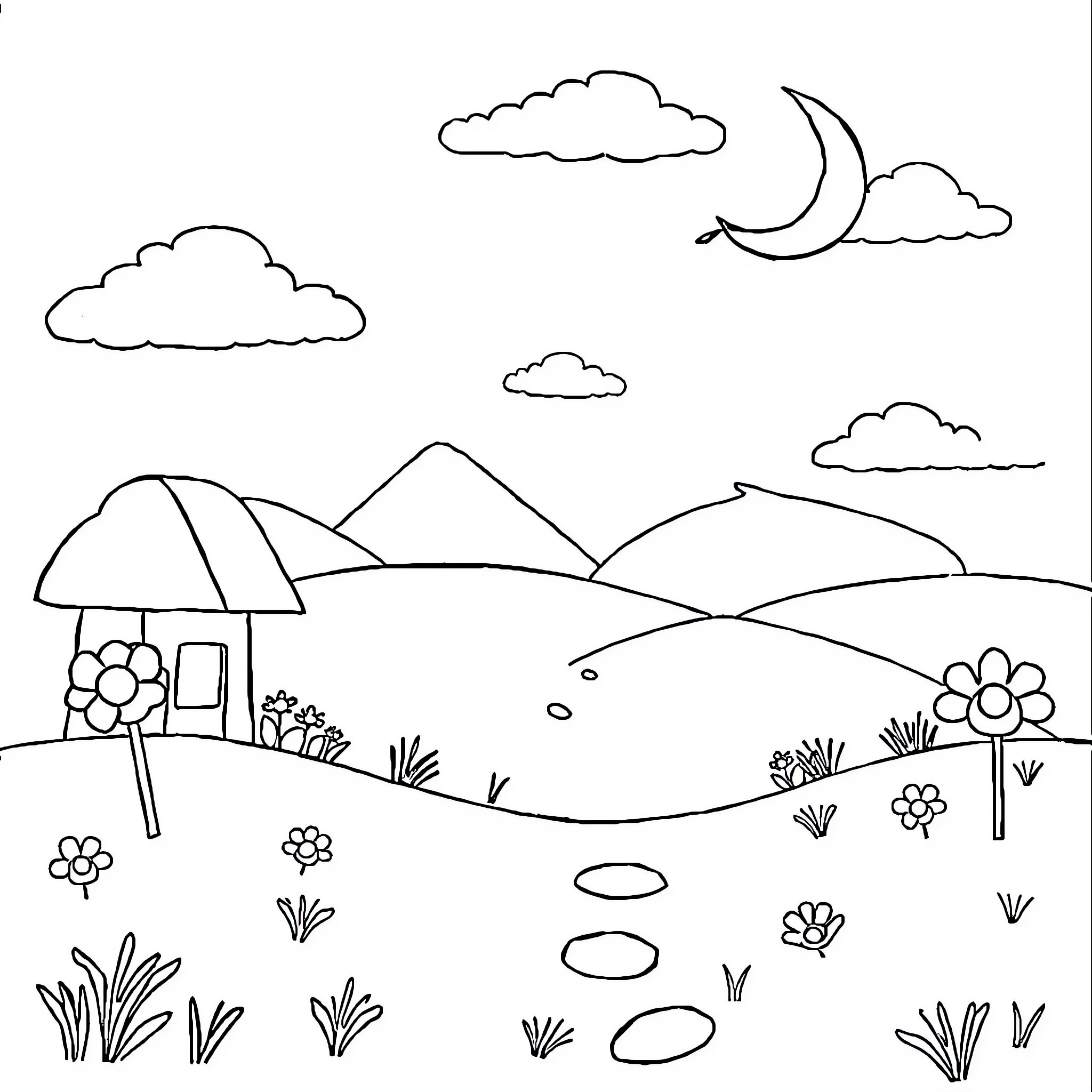 Children's Outdoor Landscape with Mushroom House Coloring Page (free black-and-white line drawing printable PDF for all, from beginners to advanced learners, including children, teens, adults, and seniors)