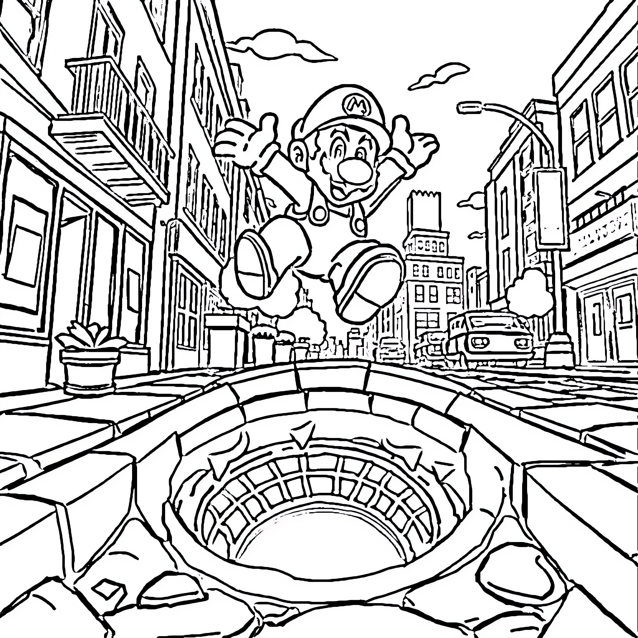 Mario Jumping Over City Streets in Adventure Coloring Page (free black-and-white line drawing printable PDF for all, from beginners to advanced learners, including children, teens, adults, and seniors)