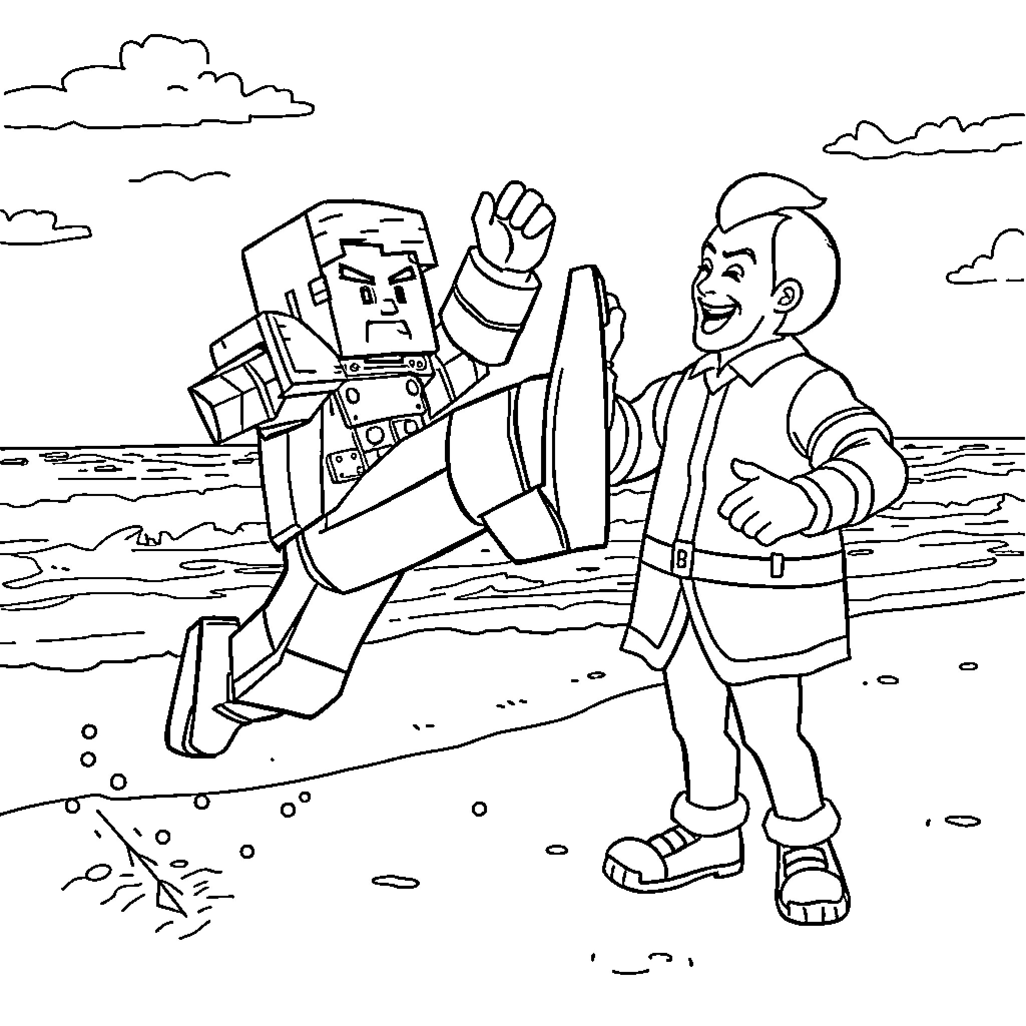 Steve helping a friend on the beach Coloring Page (free black-and-white line drawing printable PDF for all, from beginners to advanced learners, including children, teens, adults, and seniors)