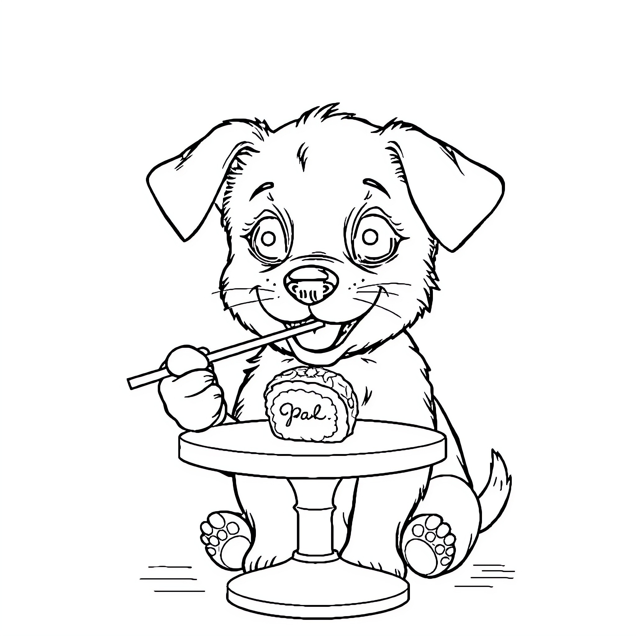 Puppy enjoying a snack on a table Coloring Page (free black-and-white line drawing printable PDF for all, from beginners to advanced learners, including children, teens, adults, and seniors)