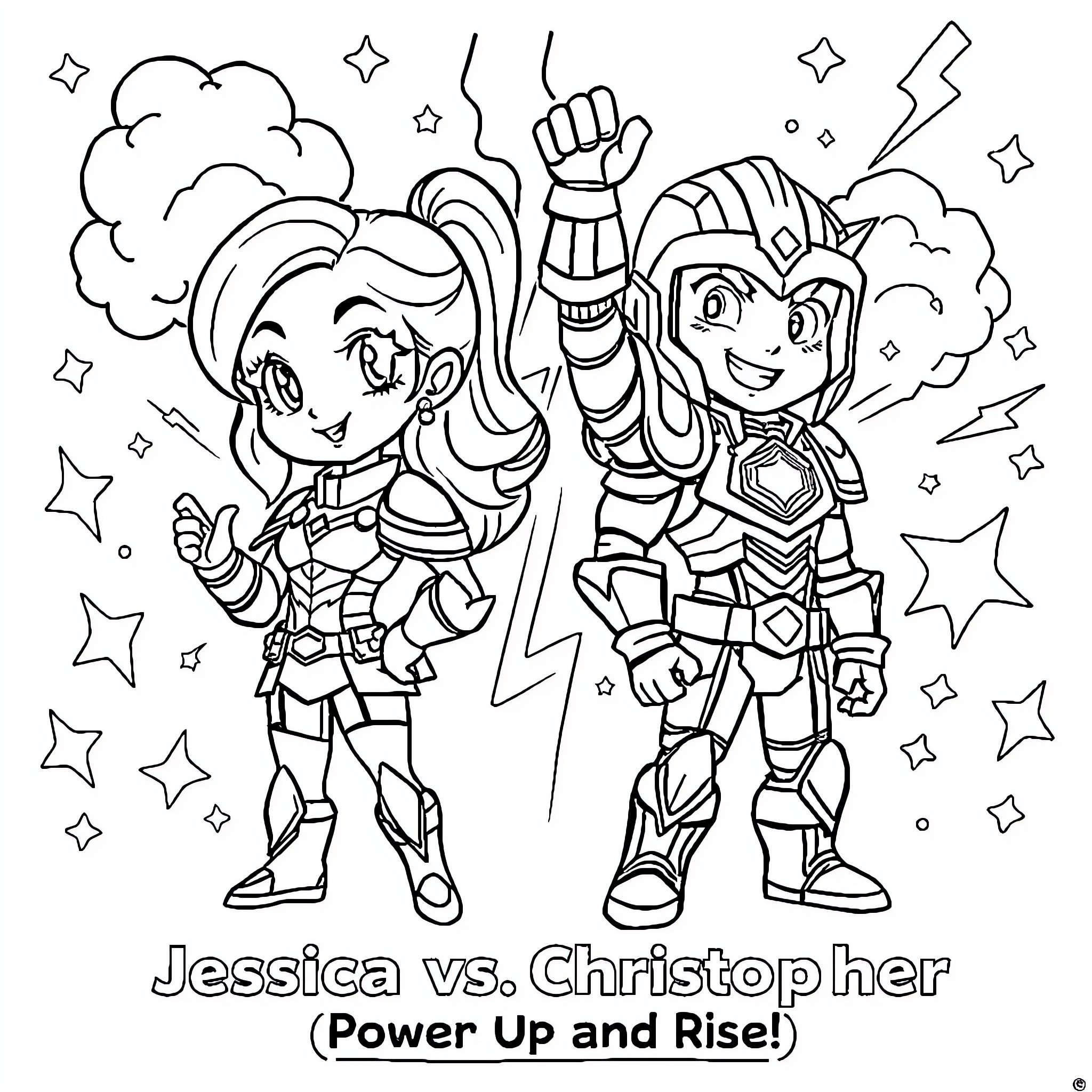 Chibi Characters Power Up and Rise! Coloring Page (free black-and-white line drawing printable PDF for all, from beginners to advanced learners, including children, teens, adults, and seniors)