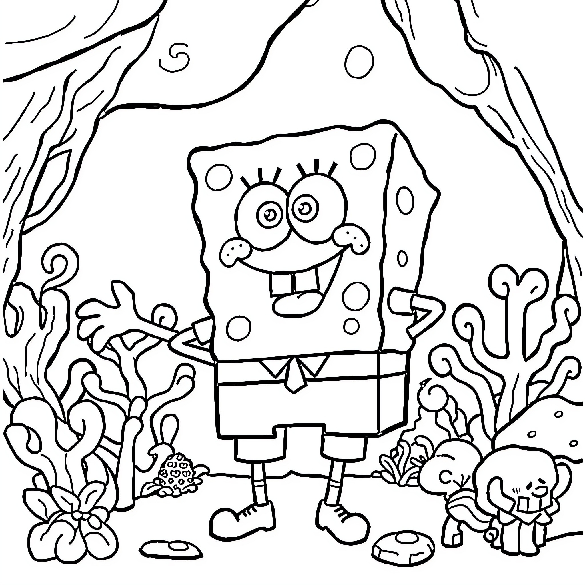 Spongebob exploring the underwater world Coloring Page (free black-and-white line drawing printable PDF for all, from beginners to advanced learners, including children, teens, adults, and seniors)