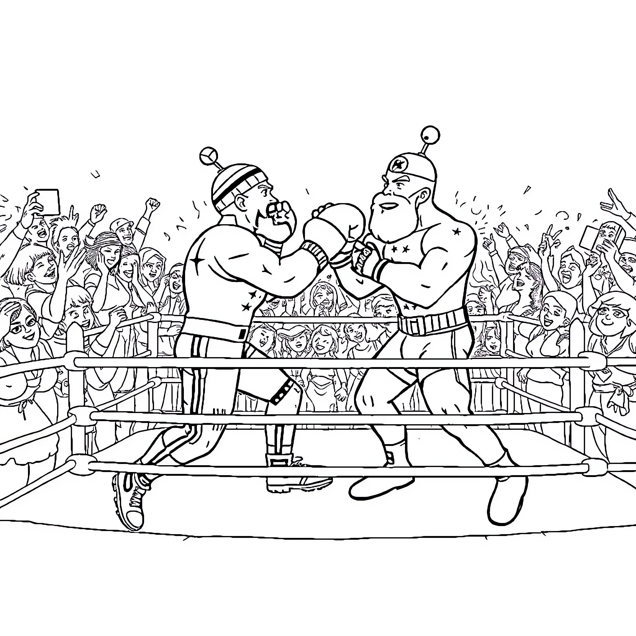 Rohff boxers engage in intense match before cheering crowd Coloring Page (free black-and-white line drawing printable PDF for all, from beginners to advanced learners, including children, teens, adults, and seniors)