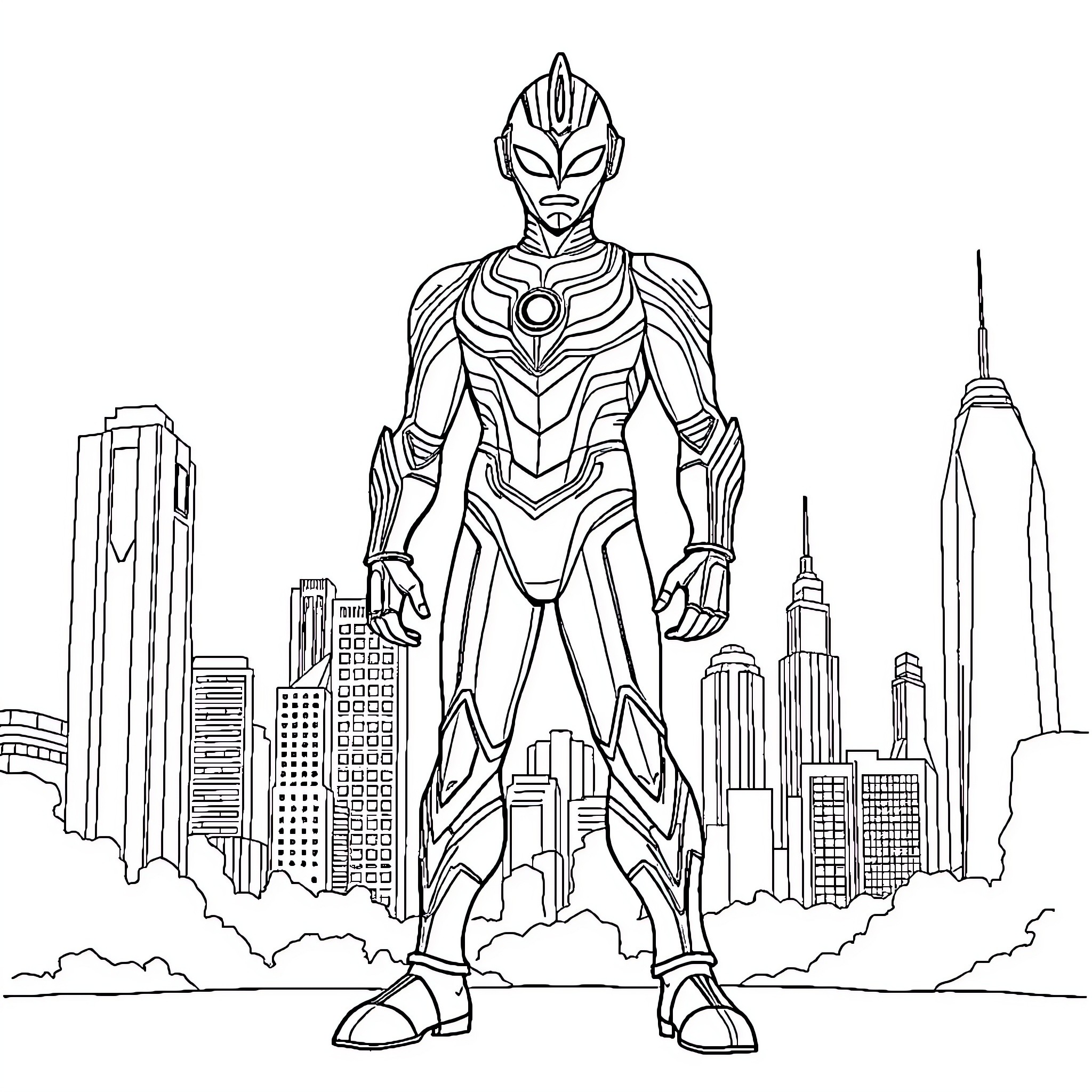 Ultraman protecting the city from above Coloring Page (free black-and-white line drawing printable PDF for all, from beginners to advanced learners, including children, teens, adults, and seniors)