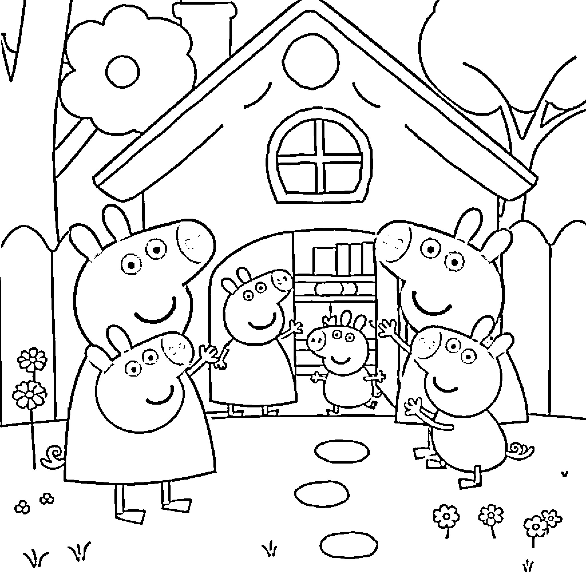 Peppa Pig family enjoying a fun day at the cottage Coloring Page (free black-and-white line drawing printable PDF for all, from beginners to advanced learners, including children, teens, adults, and seniors)