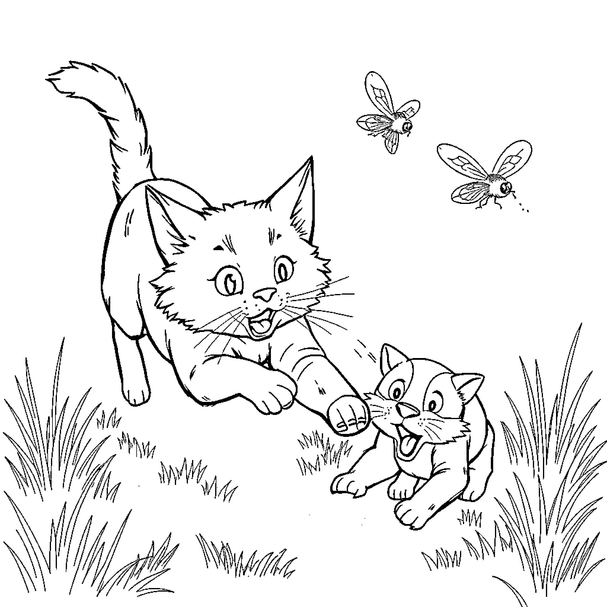 Cat Dog Fly chasing butterflies in the meadow Coloring Page (free black-and-white line drawing printable PDF for all, from beginners to advanced learners, including children, teens, adults, and seniors)