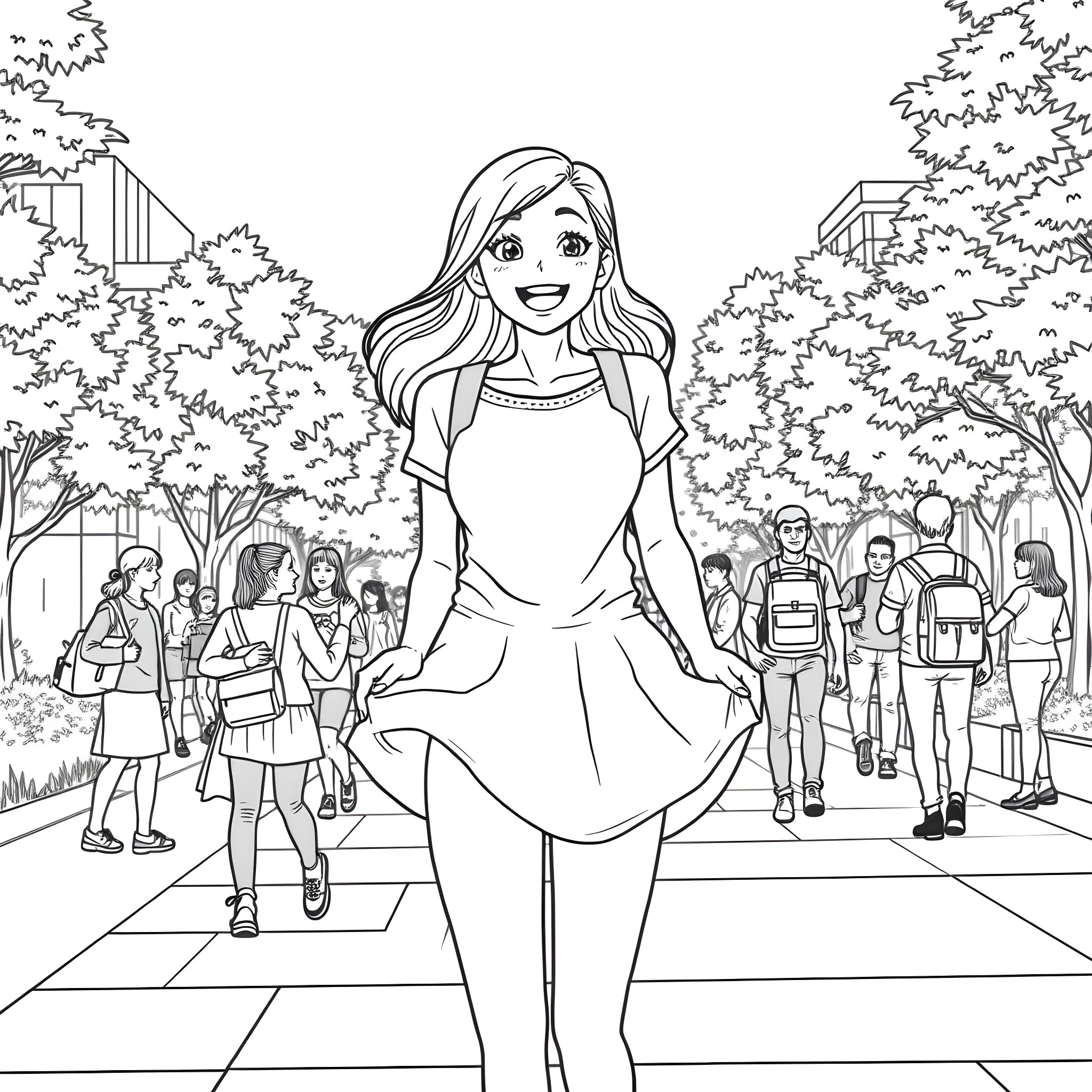 Girl walking confidently on a school campus Coloring Page (free black-and-white line drawing printable PDF for all, from beginners to advanced learners, including children, teens, adults, and seniors)
