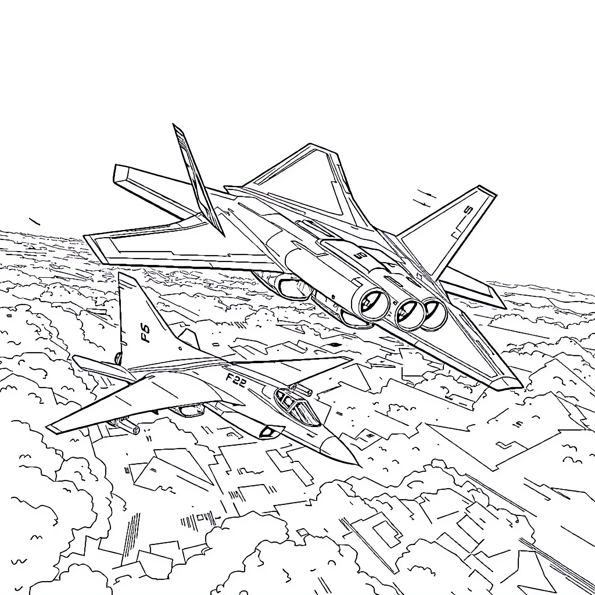 F-22 Fighters Soaring Over Rugged Terrain Coloring Page (free black-and-white line drawing printable PDF for all, from beginners to advanced learners, including children, teens, adults, and seniors)