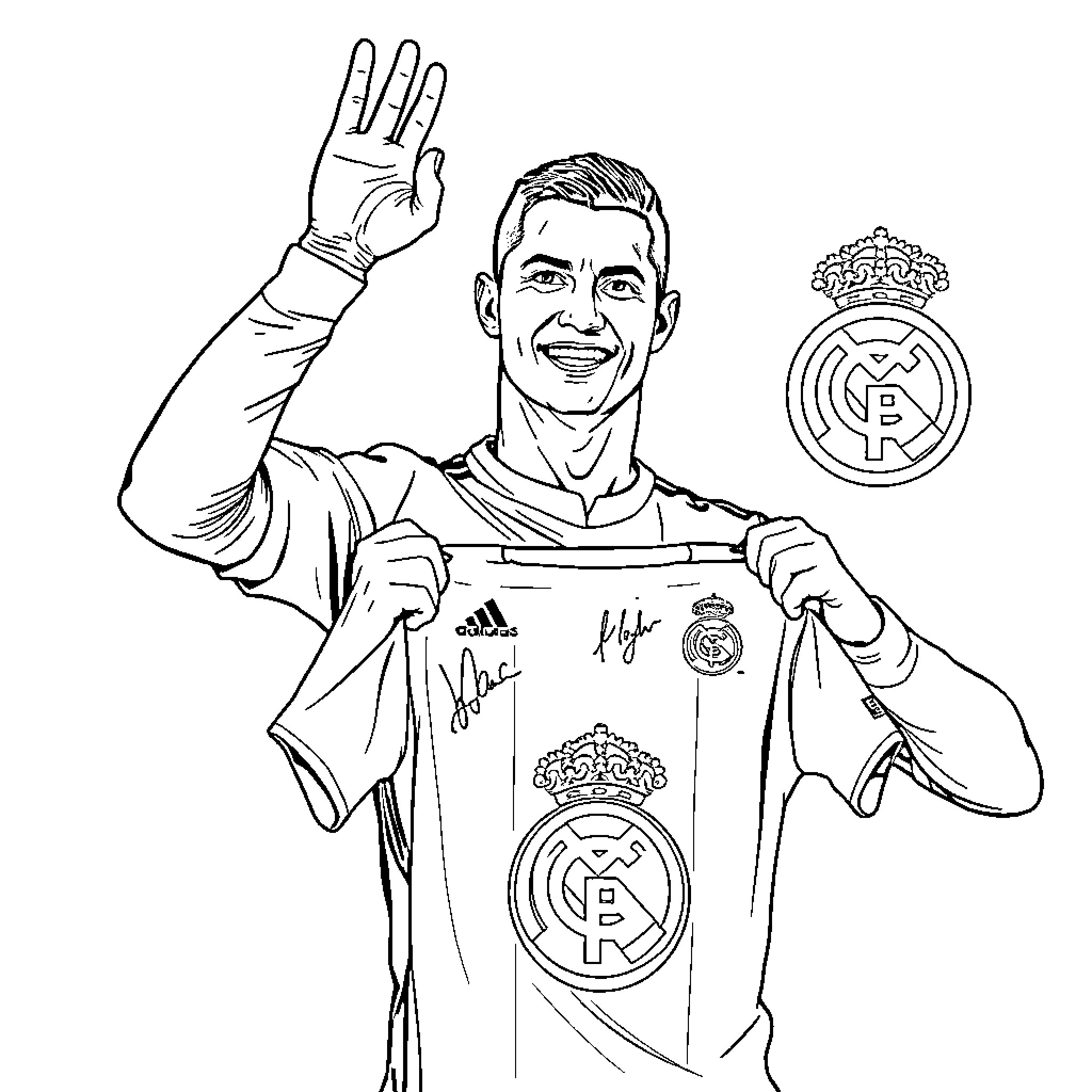 Cristiano Ronaldo waving and wearing Real Madrid jersey Coloring Page (free black-and-white line drawing printable PDF for all, from beginners to advanced learners, including children, teens, adults, and seniors)