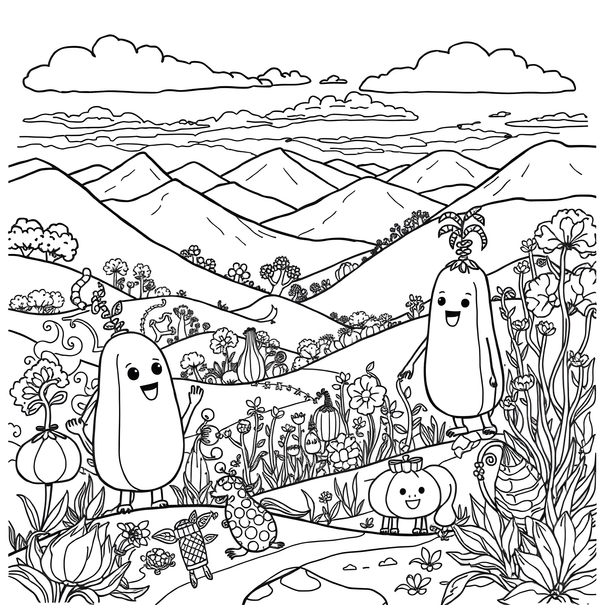 Bugsnax characters enjoying idyllic nature landscape Coloring Page (free black-and-white line drawing printable PDF for all, from beginners to advanced learners, including children, teens, adults, and seniors)