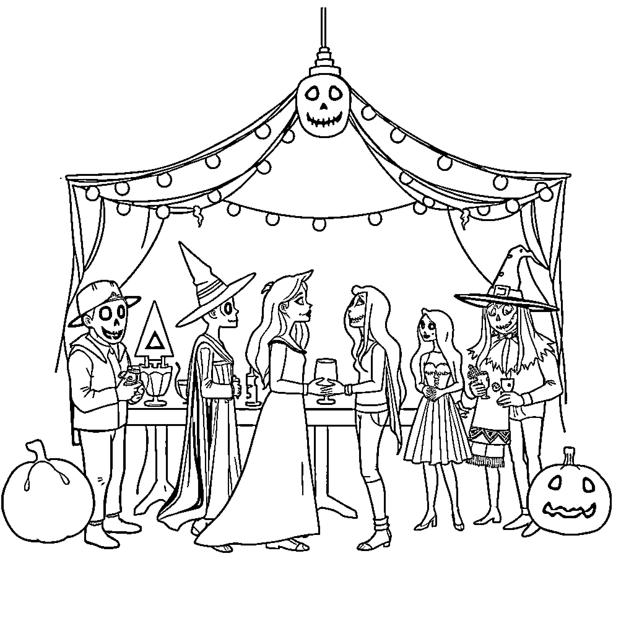 Halloween gathering with festive costumes and decor Coloring Page (free black-and-white line drawing printable PDF for all, from beginners to advanced learners, including children, teens, adults, and seniors)