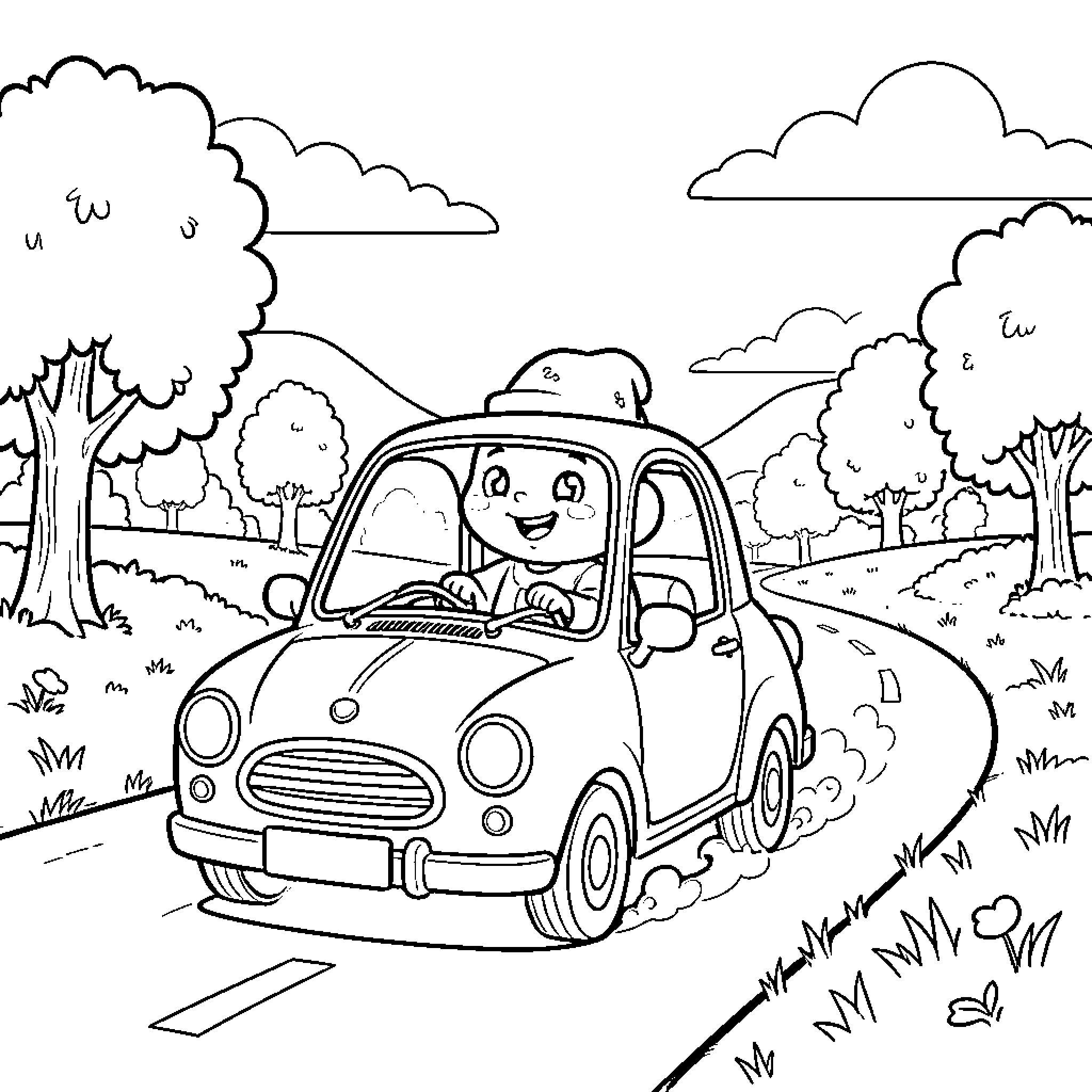 Tchoupi driving a small car on a road Coloring Page (free black-and-white line drawing printable PDF for all, from beginners to advanced learners, including children, teens, adults, and seniors)