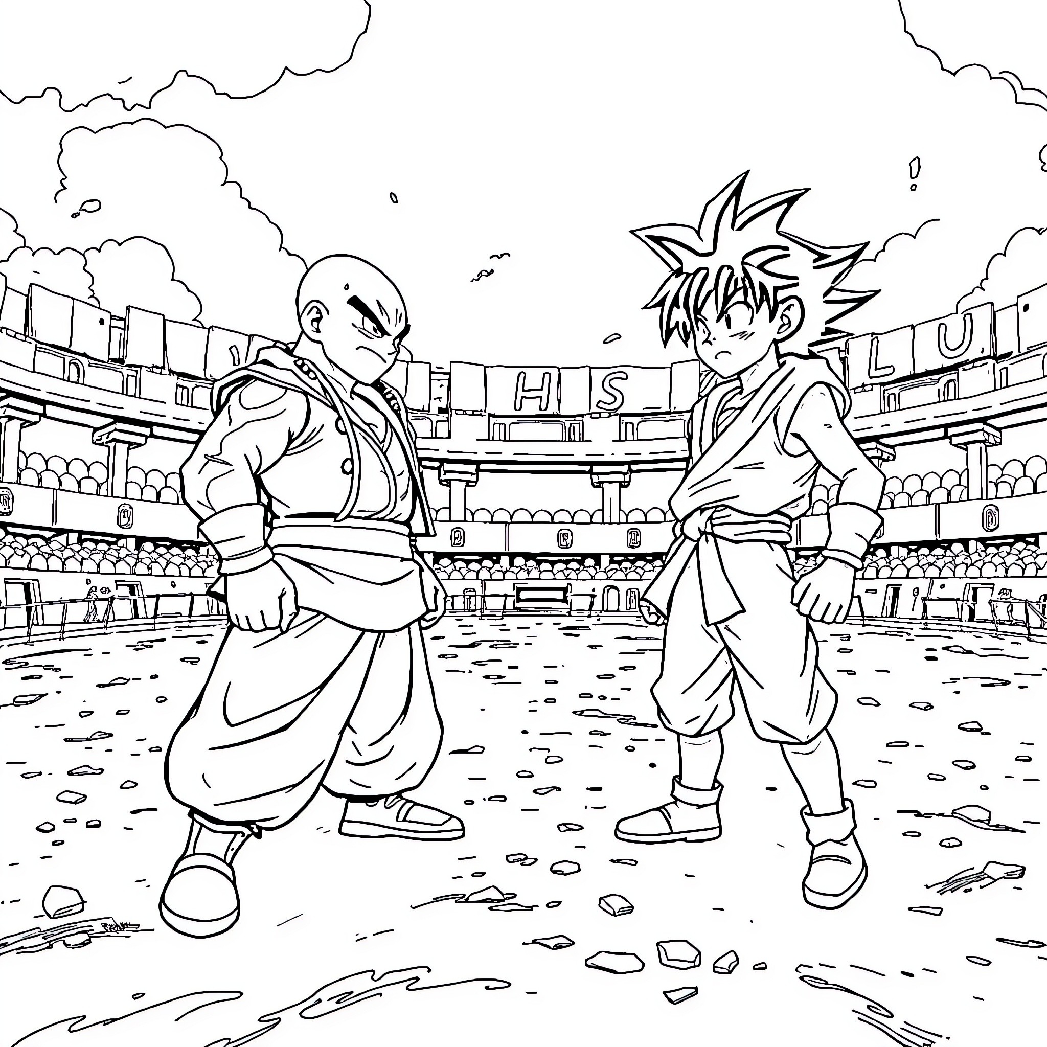 Gojo vs Deku in epic battle stance Coloring Page (free black-and-white line drawing printable PDF for all, from beginners to advanced learners, including children, teens, adults, and seniors)