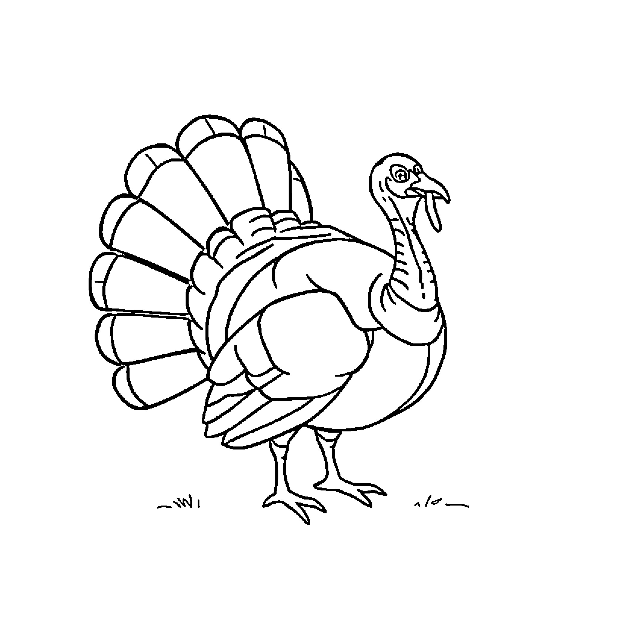 Turkey strutting with elaborate feathers Coloring Page (free black-and-white line drawing printable PDF for all, from beginners to advanced learners, including children, teens, adults, and seniors)
