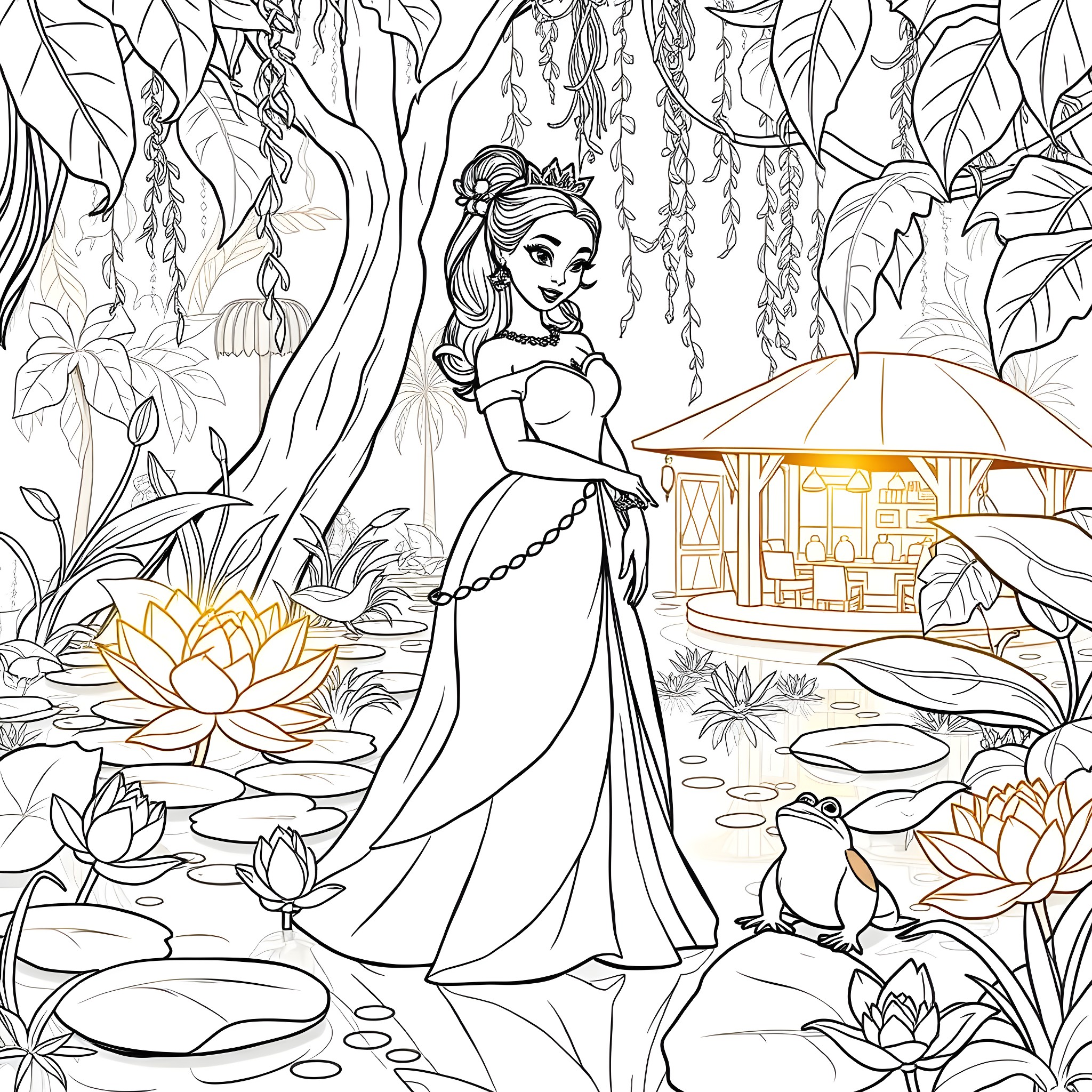 Tiana exploring the enchanting forest landscape Coloring Page (free black-and-white line drawing printable PDF for all, from beginners to advanced learners, including children, teens, adults, and seniors)