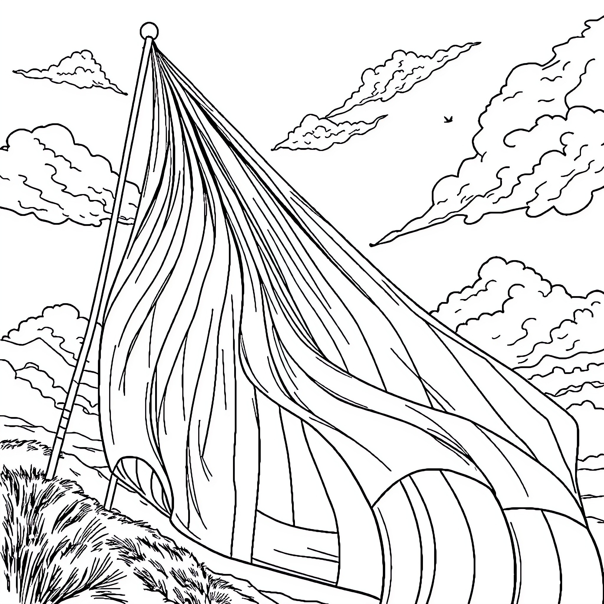 Brittany Flag Sailing Gallantly Through Stormy Skies Coloring Page (free black-and-white line drawing printable PDF for all, from beginners to advanced learners, including children, teens, adults, and seniors)