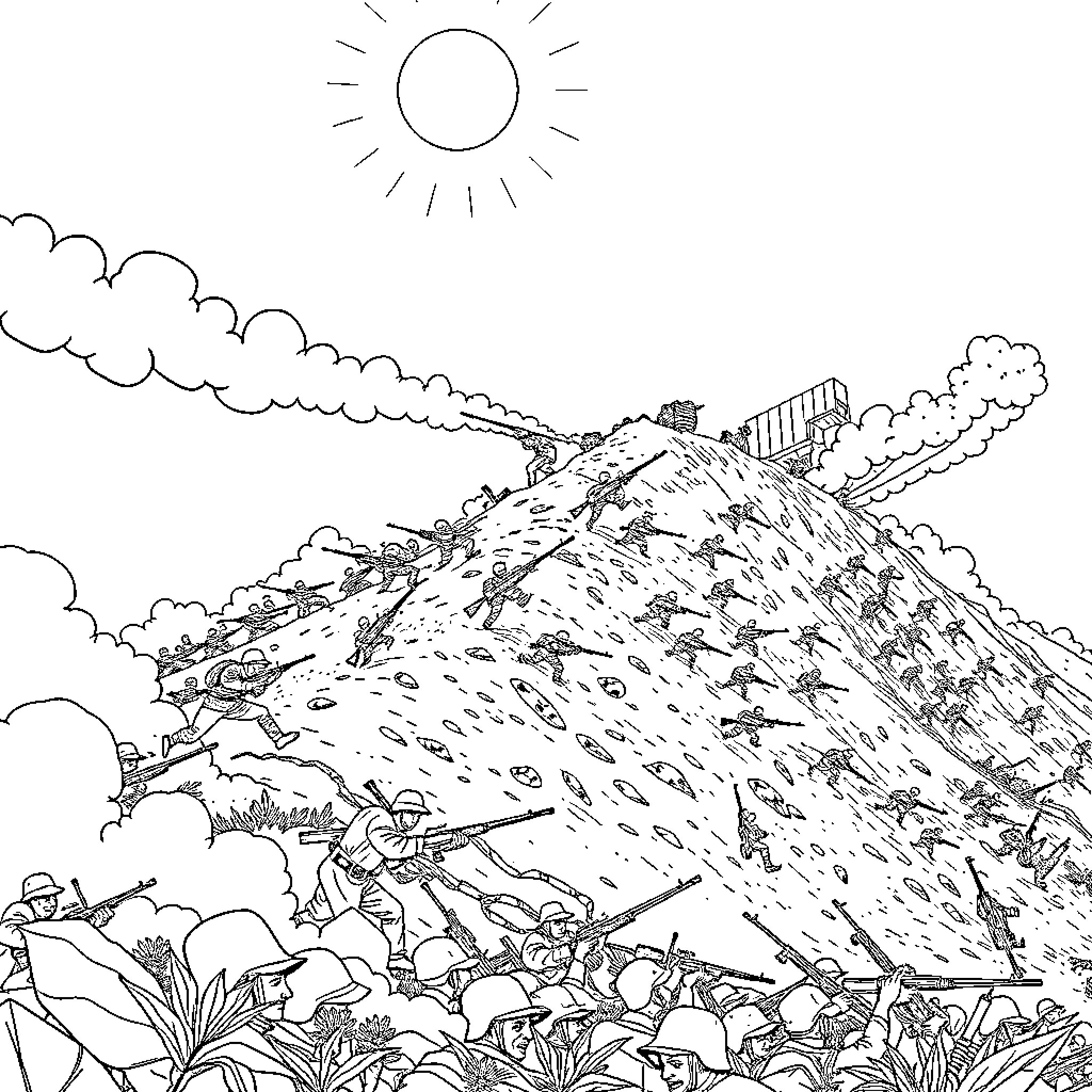 Battle of the Rugged Mountain Slopes Coloring Page (free black-and-white line drawing printable PDF for all, from beginners to advanced learners, including children, teens, adults, and seniors)