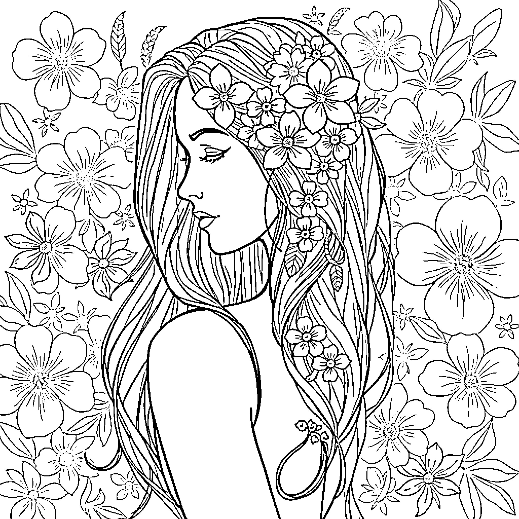 Woman adorned with floral headpiece surrounded by flowers Coloring Page (free black-and-white line drawing printable PDF for all, from beginners to advanced learners, including children, teens, adults, and seniors)
