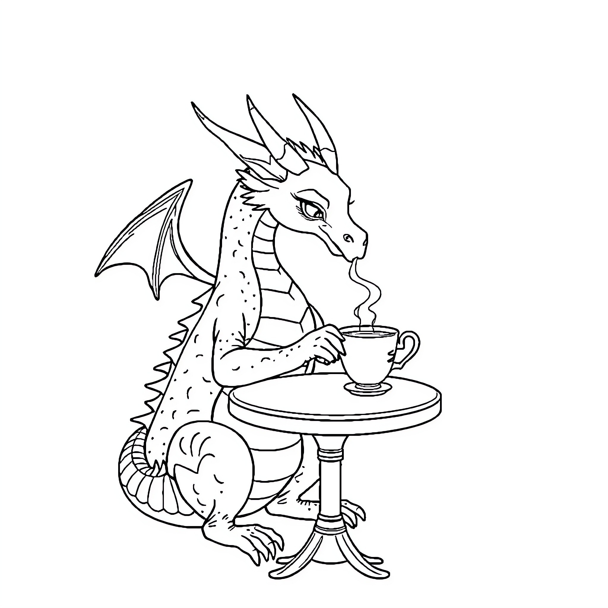Dragon enjoying a cup of tea at a cafe Coloring Page (free black-and-white line drawing printable PDF for all, from beginners to advanced learners, including children, teens, adults, and seniors)