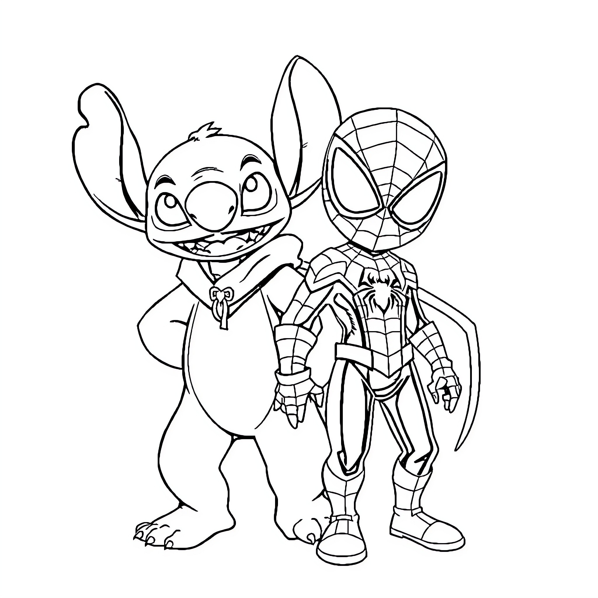 Stitch and Spider-Man together in a playful scene Coloring Page (free black-and-white line drawing printable PDF for all, from beginners to advanced learners, including children, teens, adults, and seniors)
