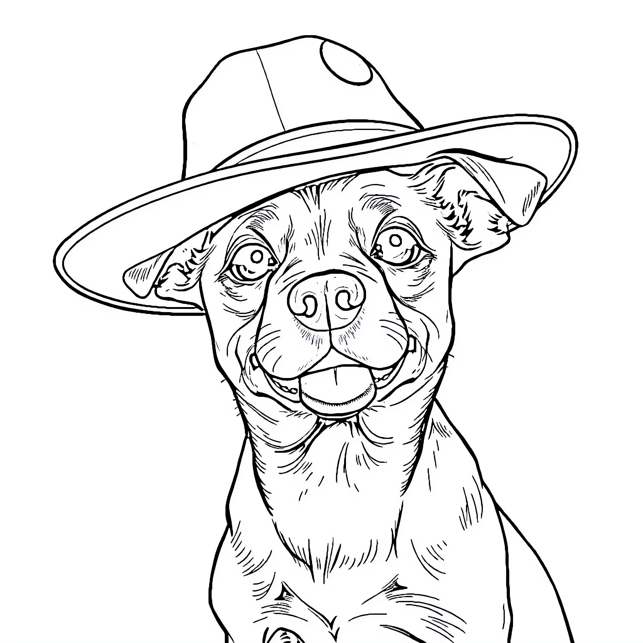 Dog wearing a cowboy hat with a friendly expression Coloring Page (free black-and-white line drawing printable PDF for all, from beginners to advanced learners, including children, teens, adults, and seniors)